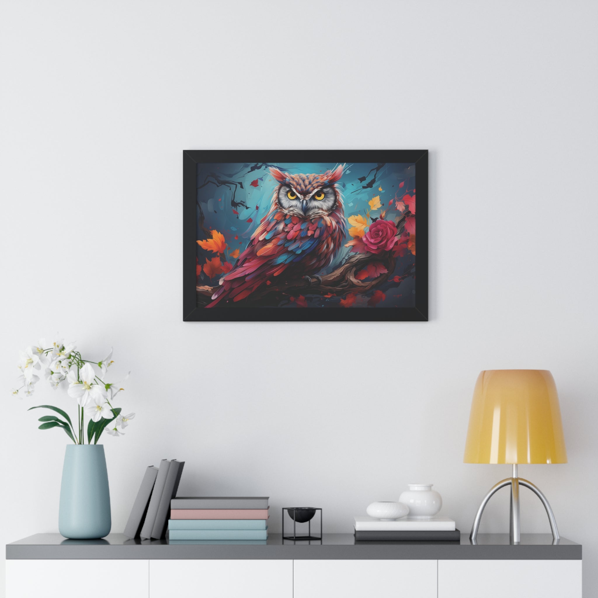 Crimson Perch —🌹Vibrant Owl Wall Art with Autumn Bloom