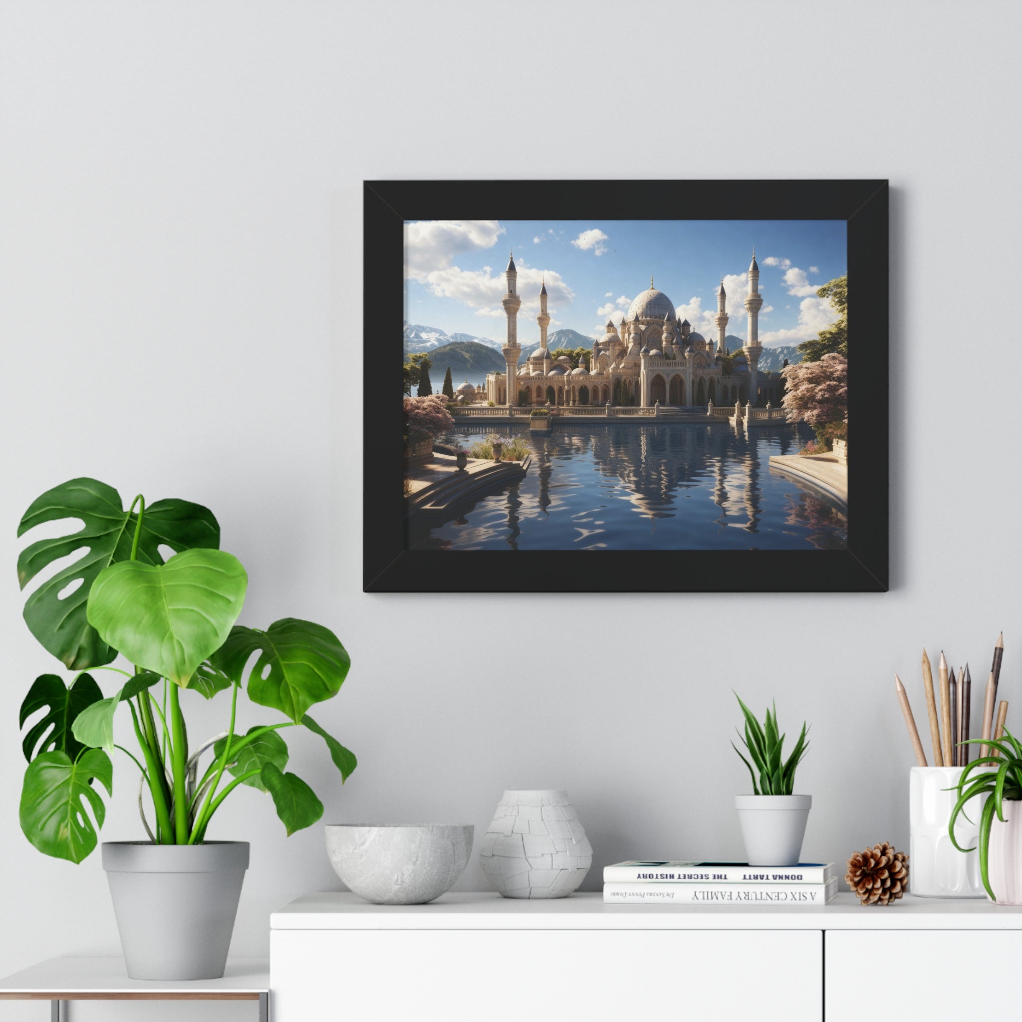Mirrored Tranquility – Framed Mosque by the Lake Wall Art
