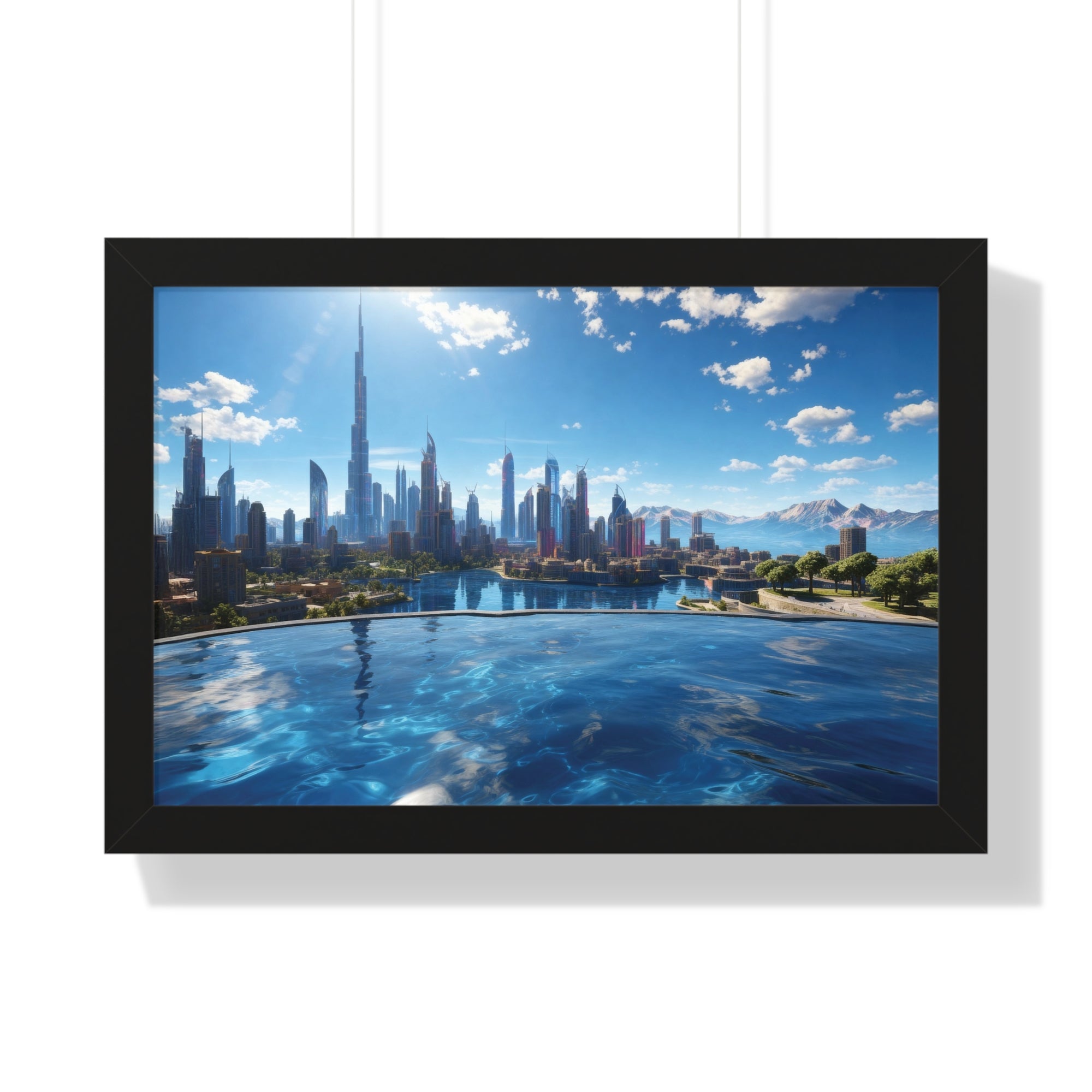 Infinity Pool Skyline View – Framed Luxury Wall Art with Cityscape and Mountain Backdrop