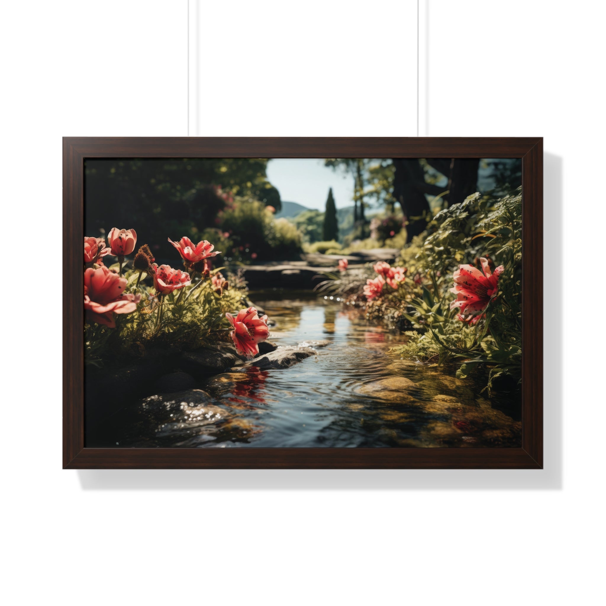 Tranquil Garden Stream with Scarlet Blooms