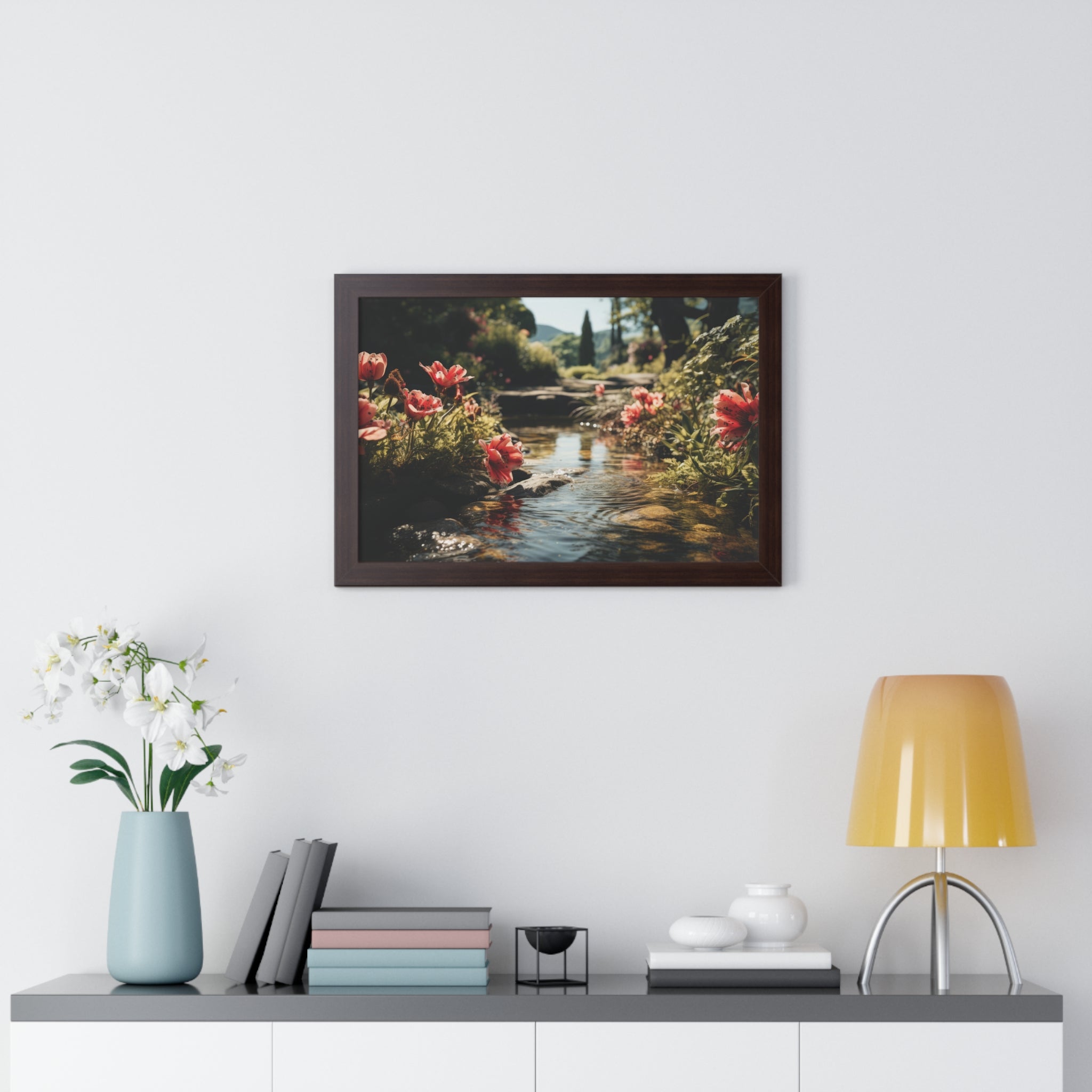 Tranquil Garden Stream with Scarlet Blooms