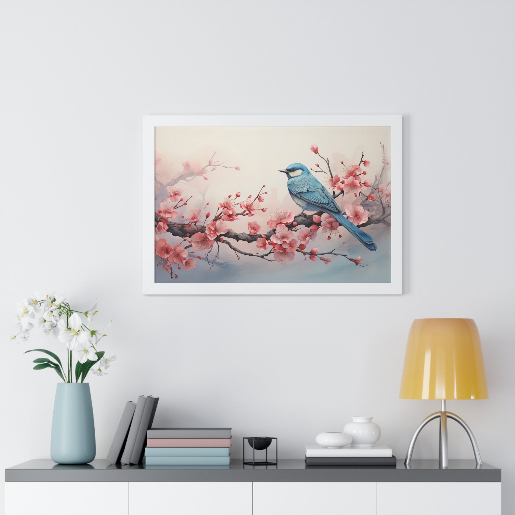 Blue Jay in Bloom  Botanical Wall Art with Cherry Blossoms