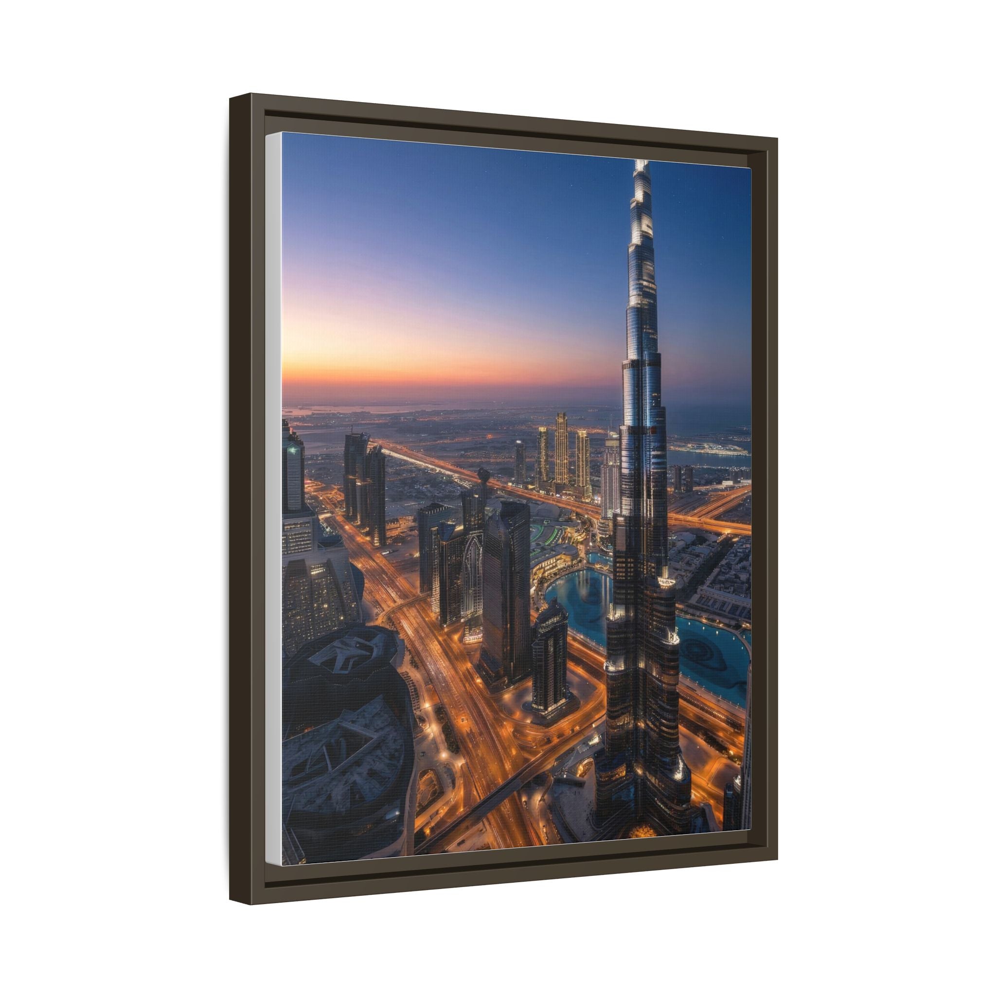 Framed Dubai Skyline at Dusk – Stunning Cityscape Wall Art