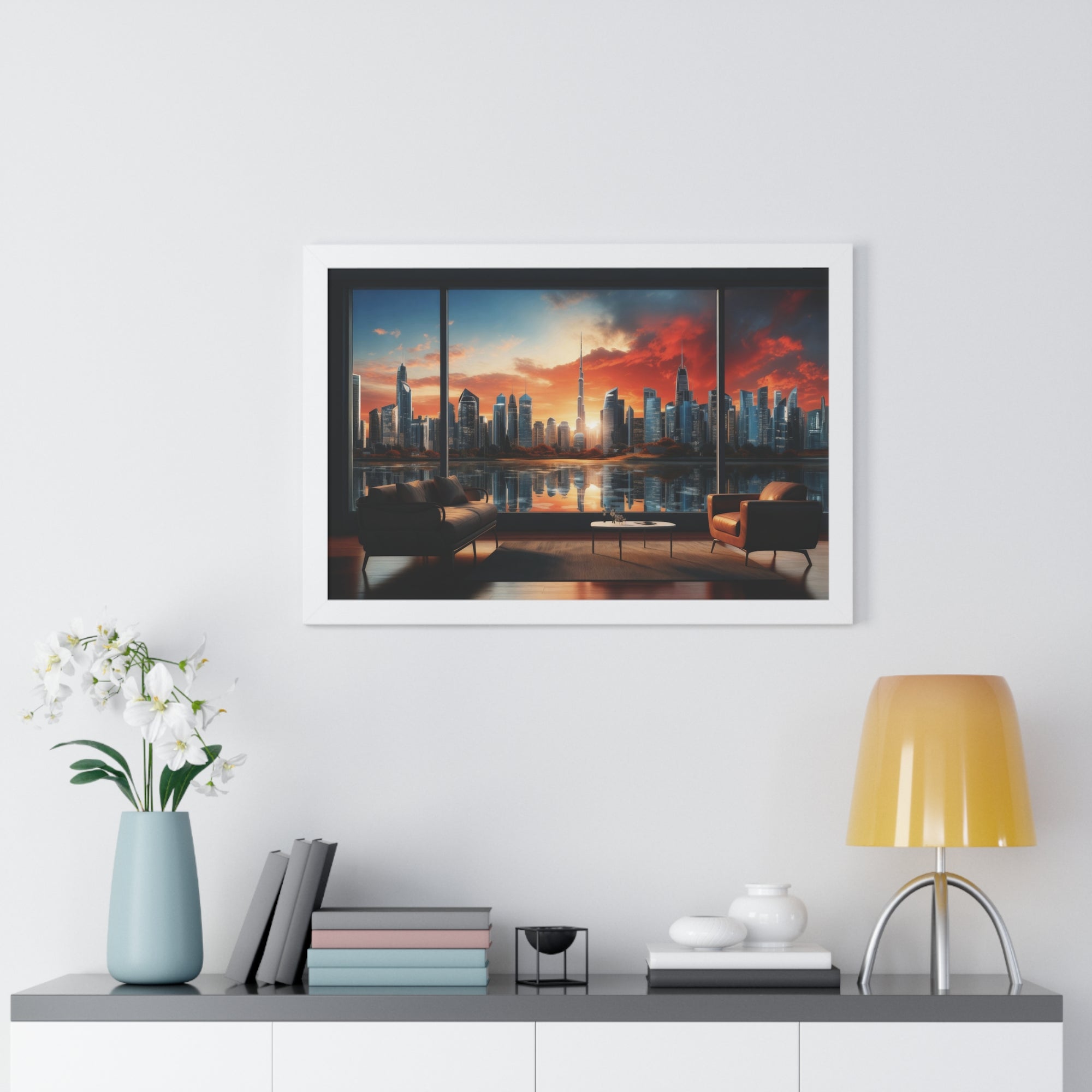 Framed Luxury City View – Modern Living Room Wall Art with Skyline Sunset Reflection