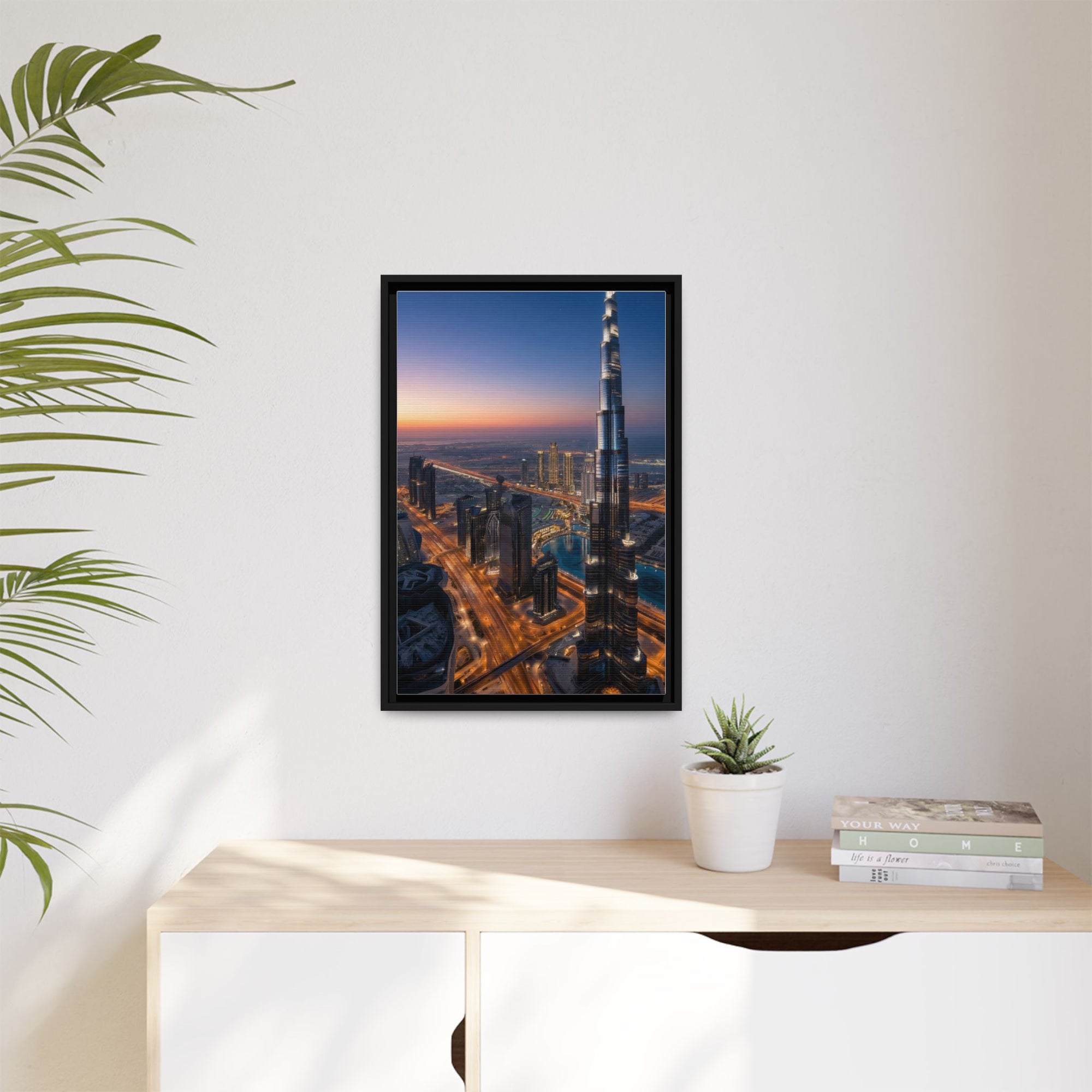Framed Dubai Skyline at Dusk – Stunning Cityscape Wall Art