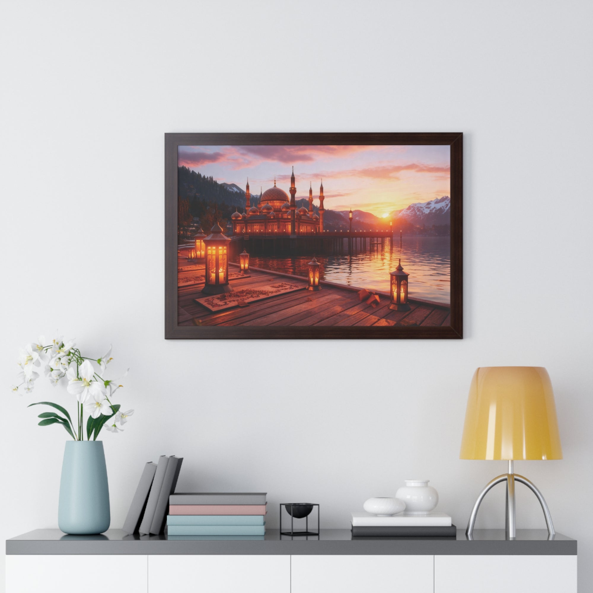 Twilight Serenity – Illuminated Mosque Reflections Framed Wall Art
