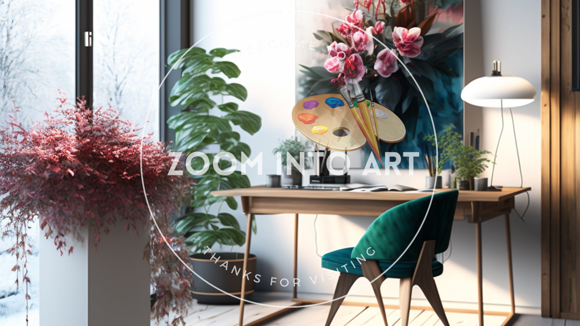 Beautiful Interior Design Photo Realistic Bright Office with Flowers