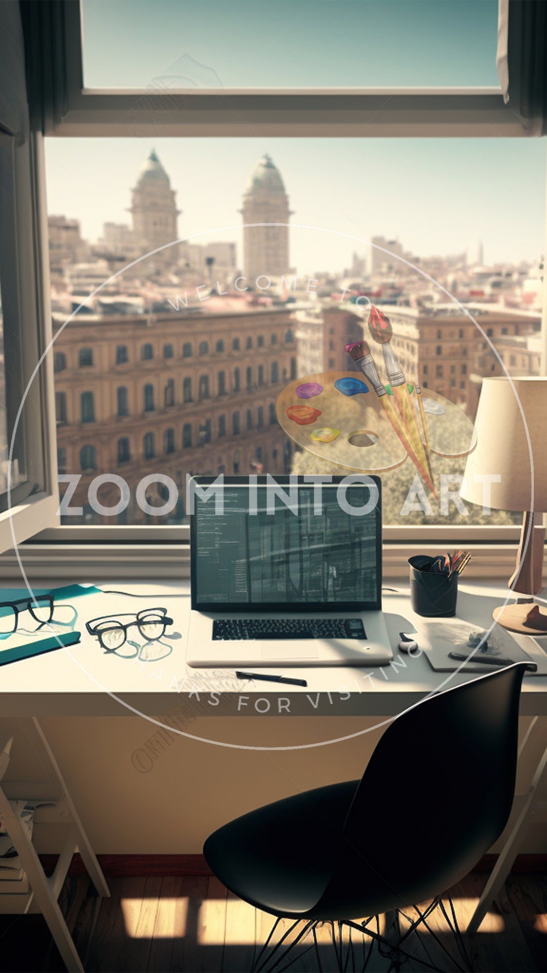 Office Desk with Computer and Pencils over looking Madrid