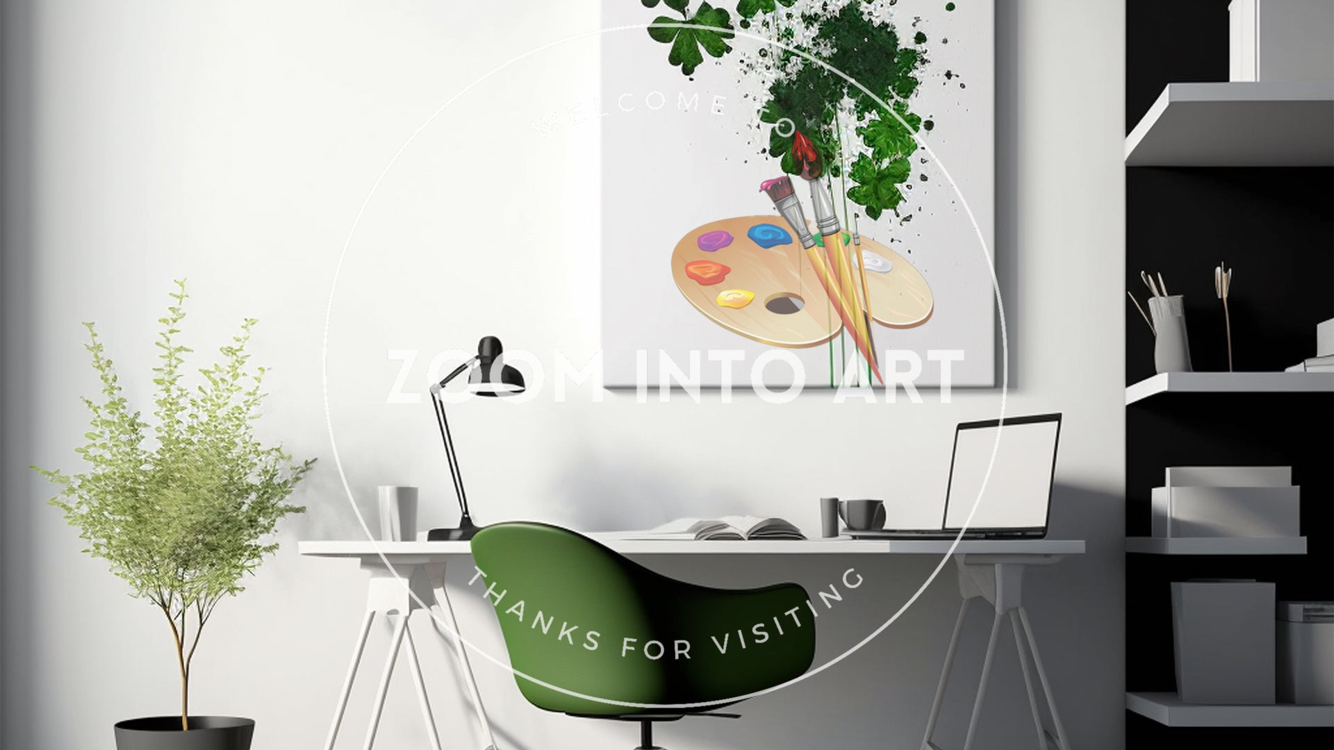 Office and Green Flowers in a White Coloured Room