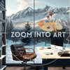 Modern Home Office with Library and View of Snowy Mountains