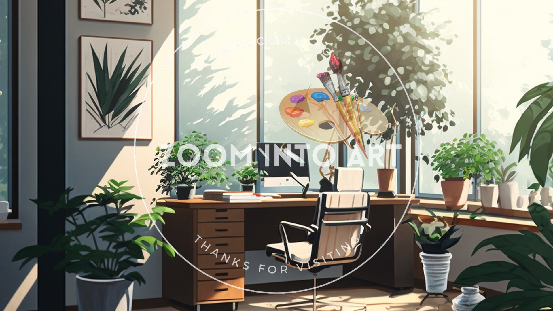 Modern Large Office and Plants Cartoon Style