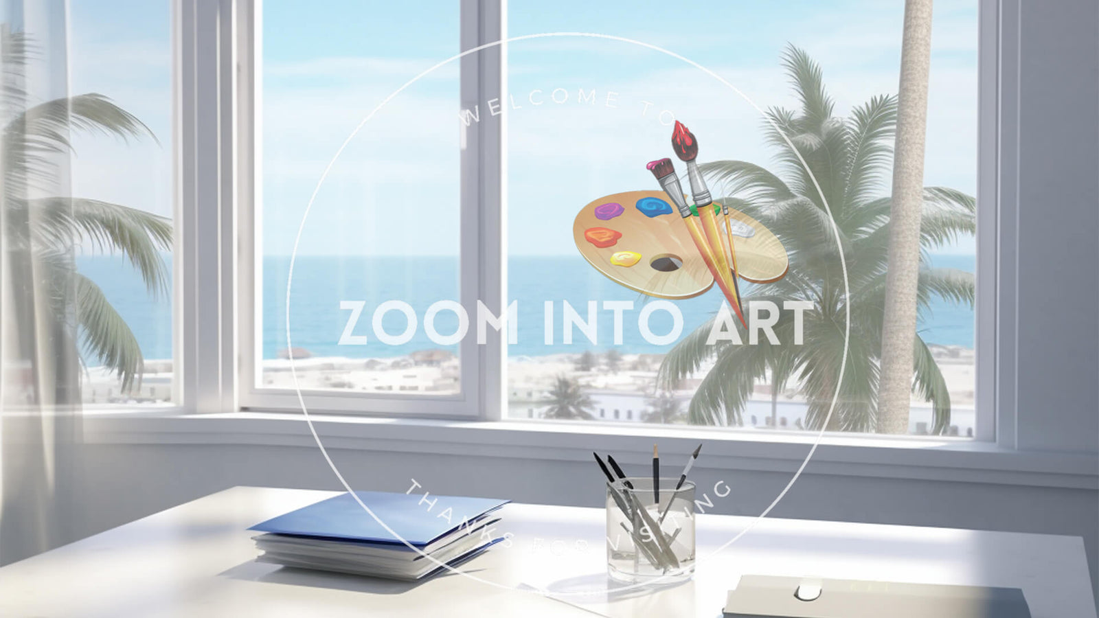 Documents on the Desk against a Beachfront Backdrop