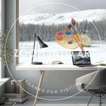 Modern Scandinavian Home Office with huge Windows Overlooking Snow
