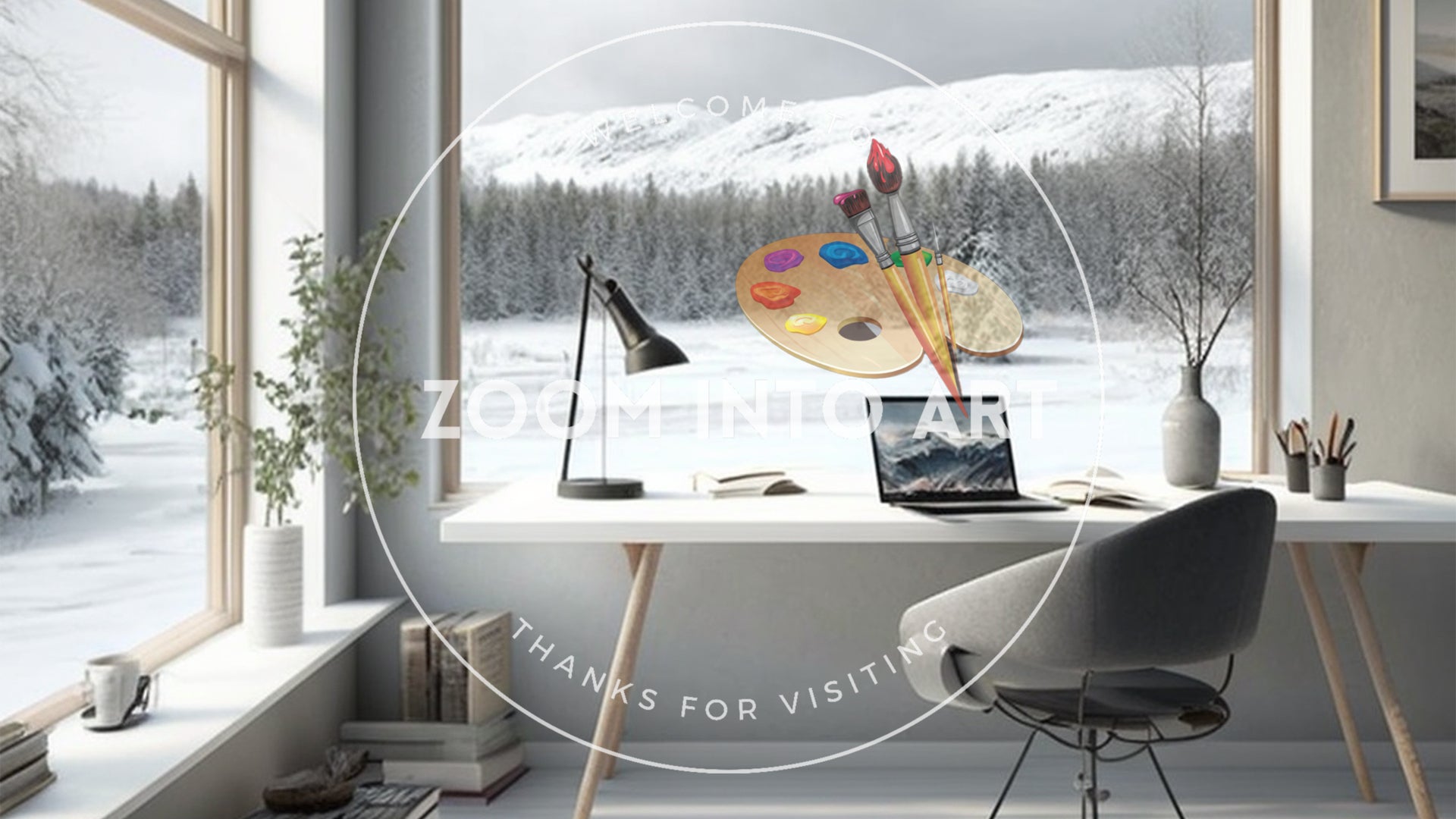 Modern Scandinavian Home Office with huge Windows Overlooking Snow