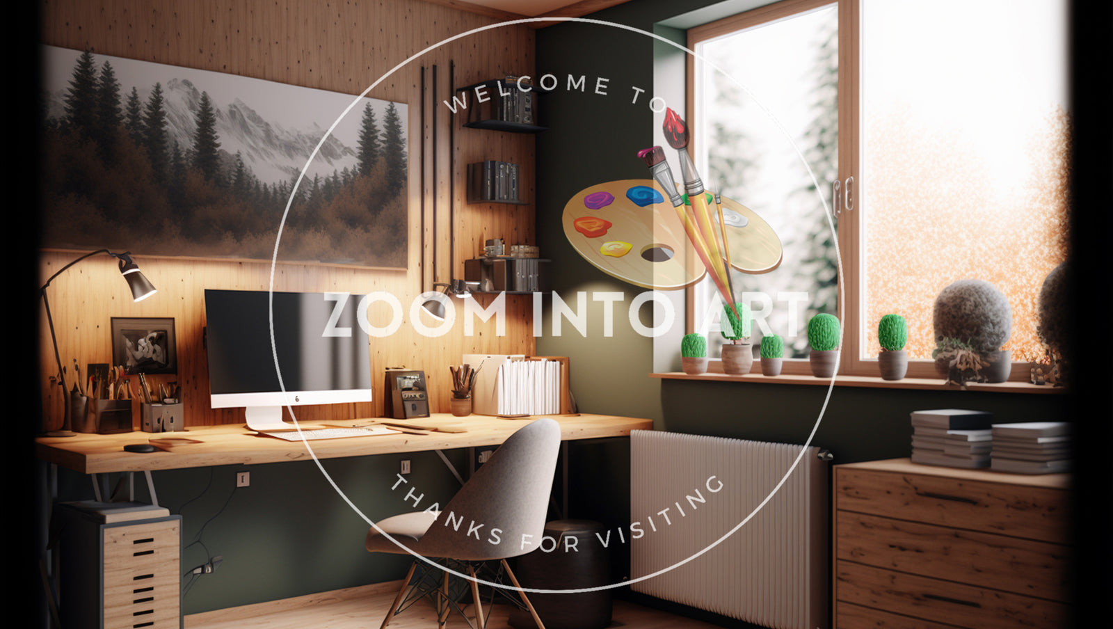 Cozy Home Wooden Themed Office with Plants and Wall Art