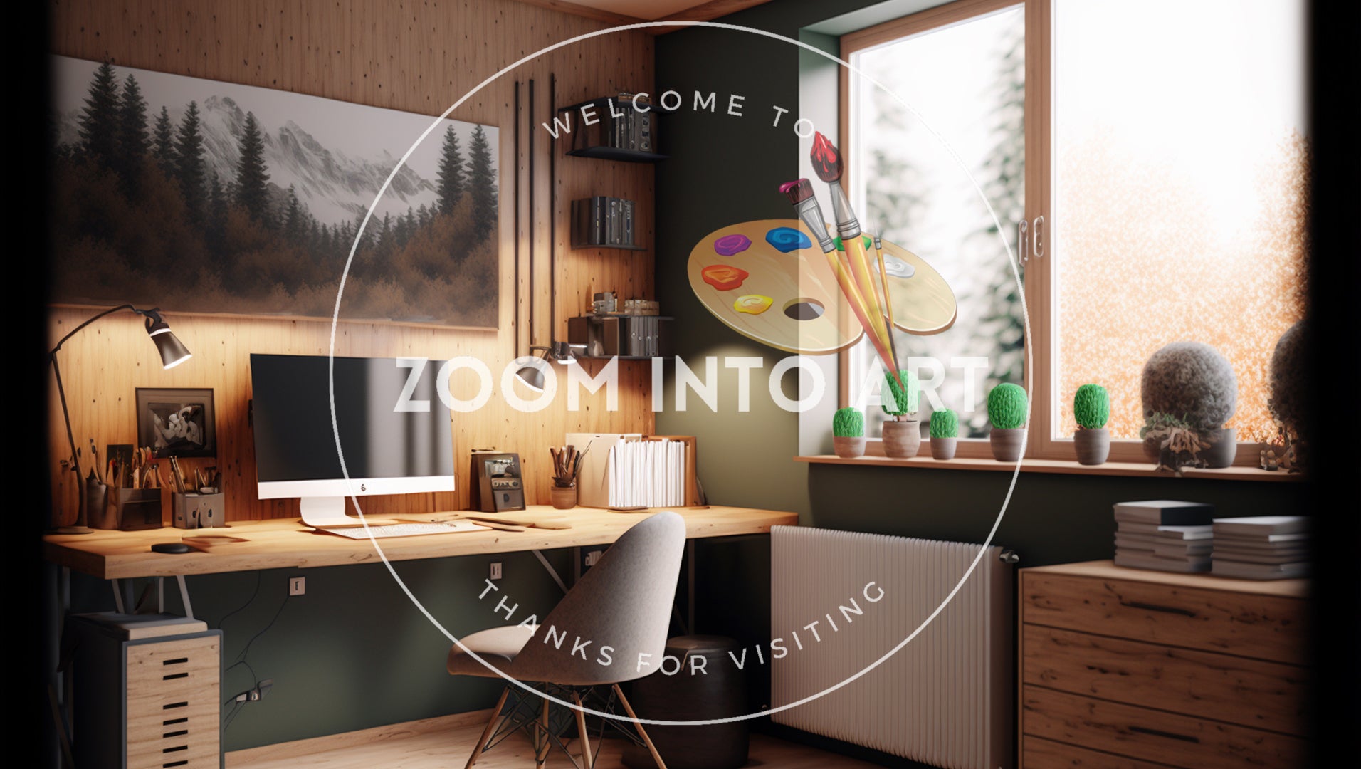 Cozy Home Wooden Themed Office with Plants and Wall Art