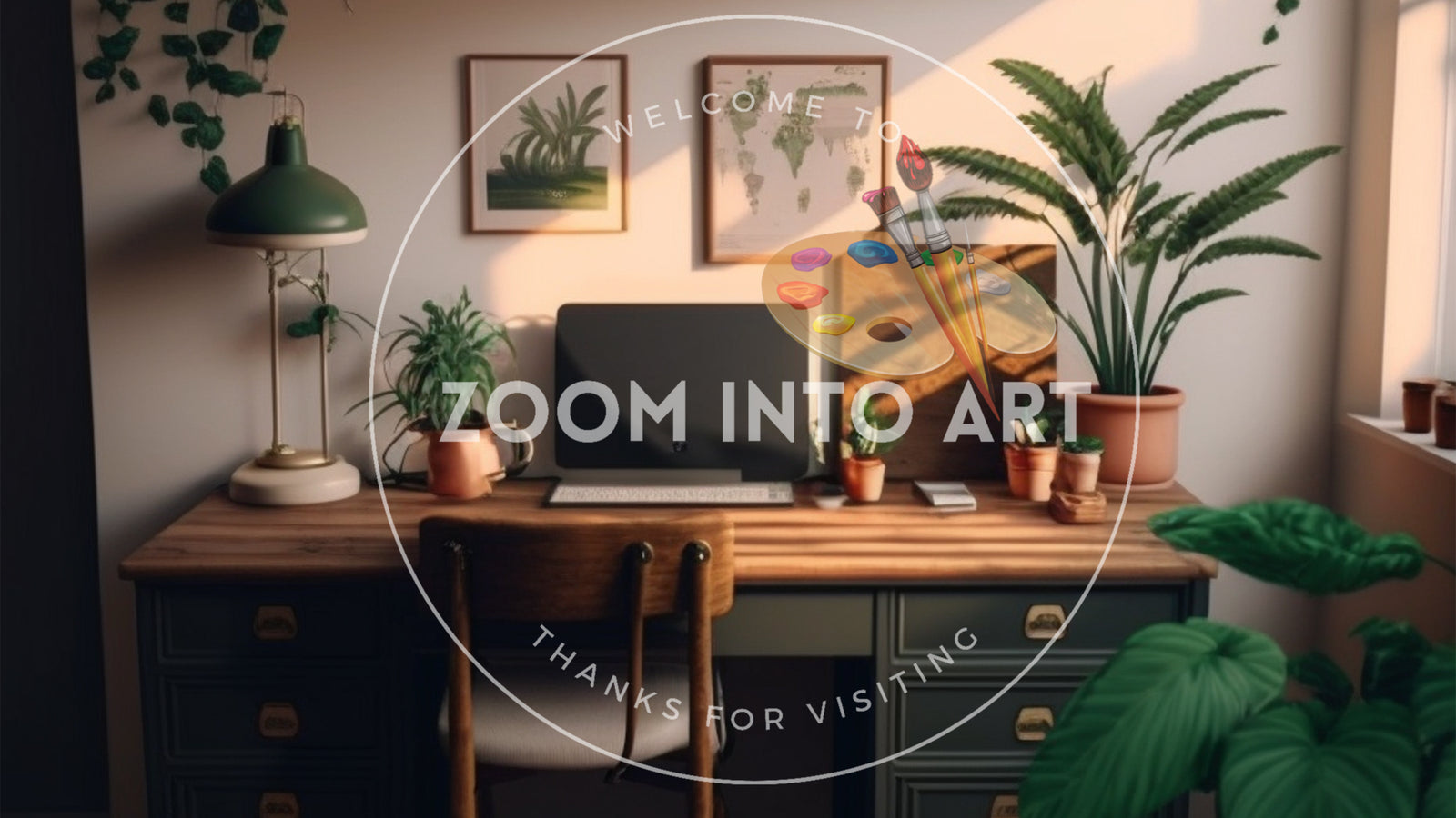 Office Room with Desk Plants with Soft Light Hyper Realistic