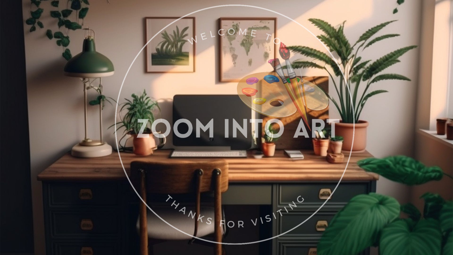 Office Room with Desk Plants with Soft Light Hyper Realistic