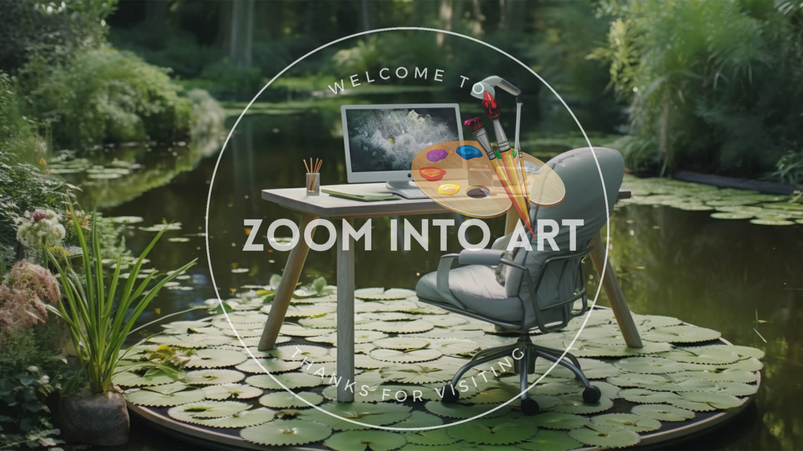 Desk and Laptop with Chair in a Gigantic Pond