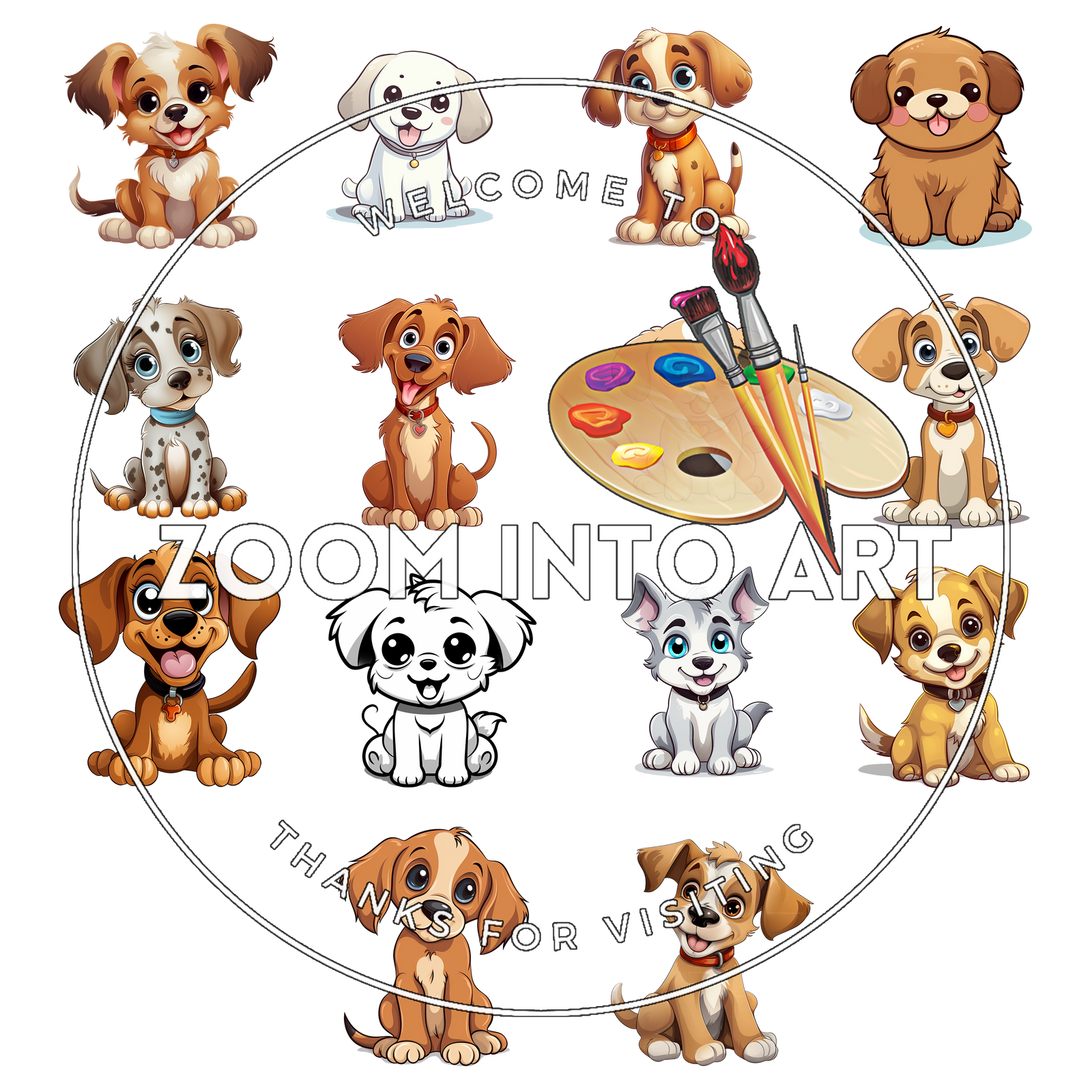 Puppy Love – 14 Cartoon Dog PNGs for Stickers, T-Shirts & DIY Projects