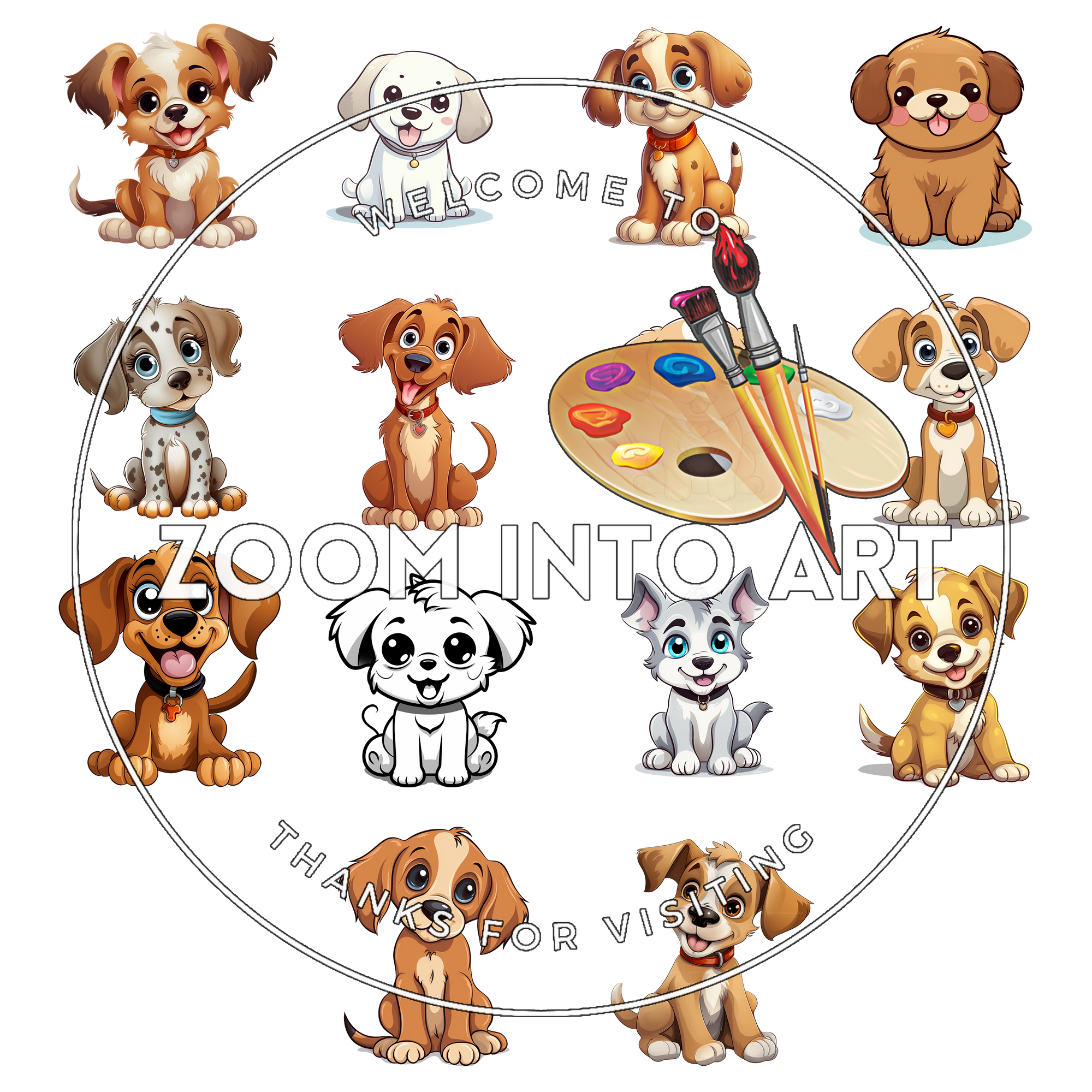 Puppy Love – 14 Cartoon Dog PNGs for Stickers, T-Shirts & DIY Projects