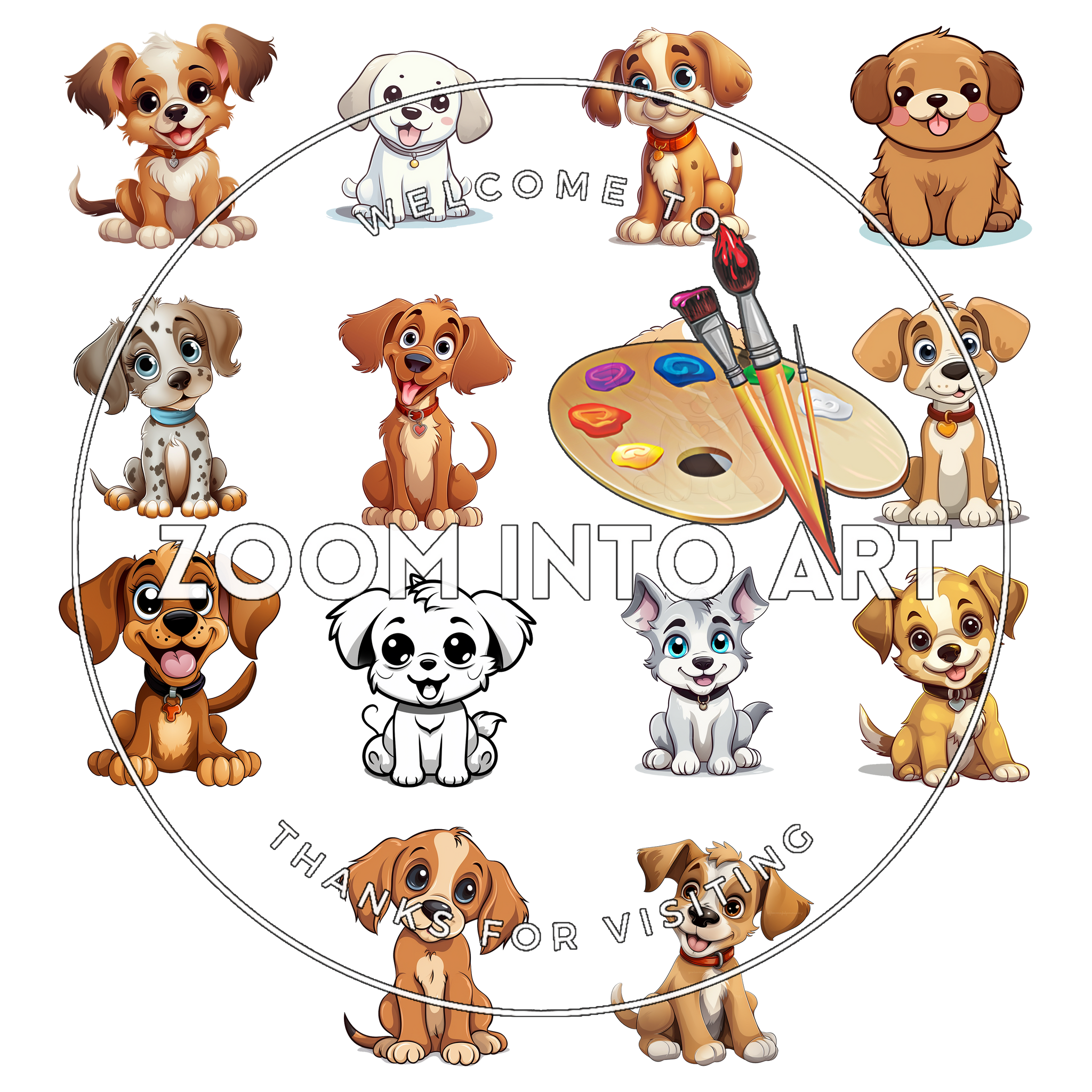 Puppy Love – 14 Cartoon Dog PNGs for Stickers, T-Shirts & DIY Projects