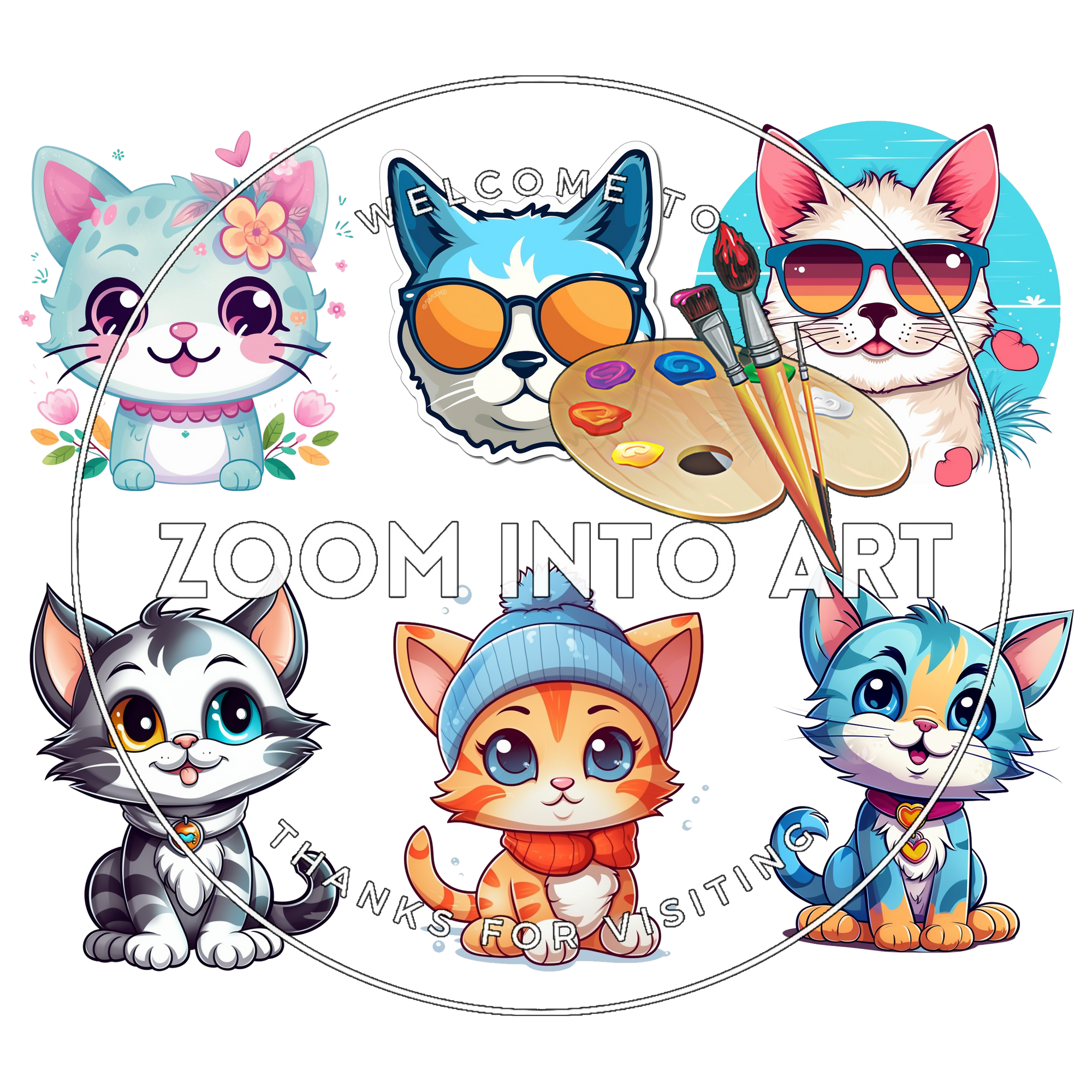 6 Cute Cat PNGs – Digital Download Clipart Bundle