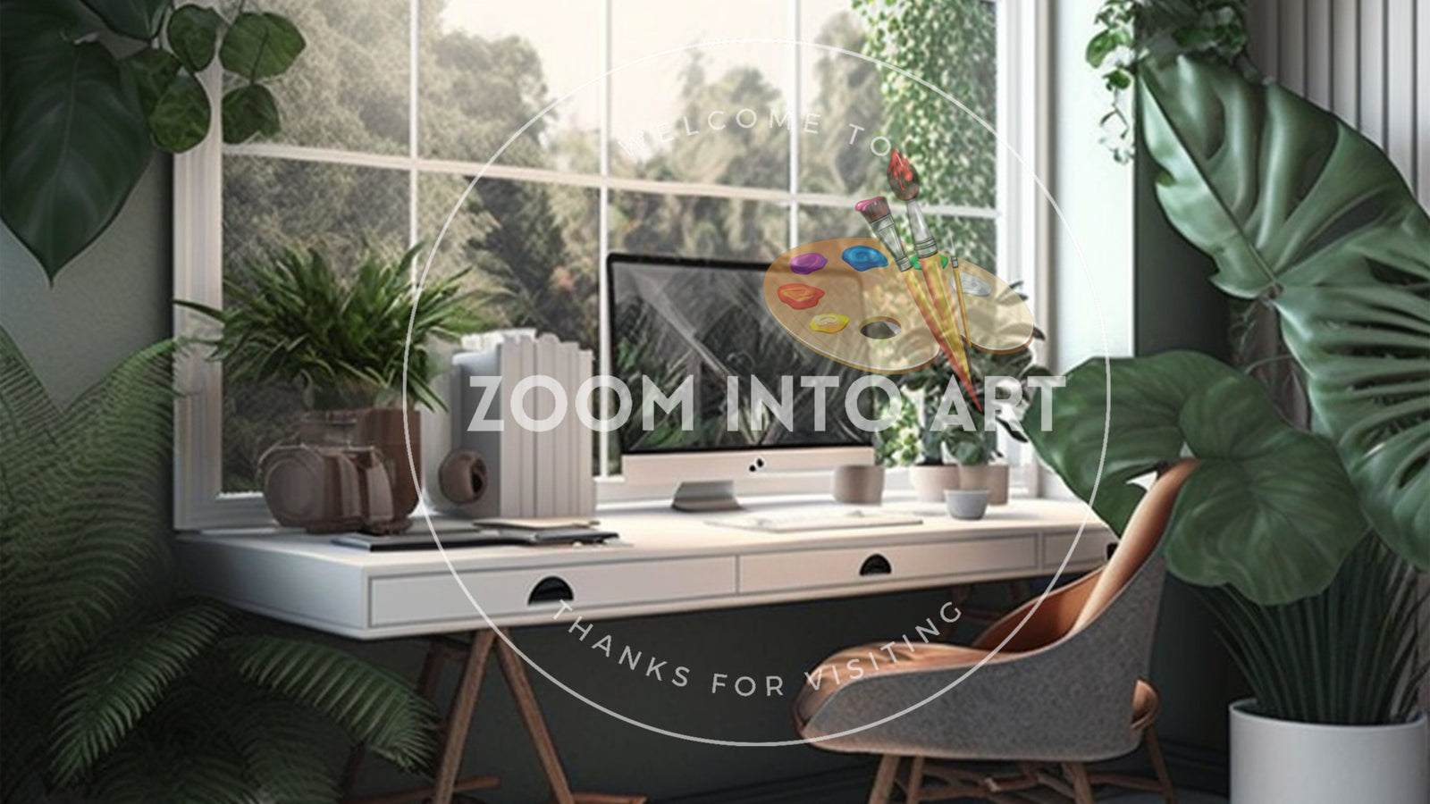 Calming Modernist Home Office with lots of Greenery