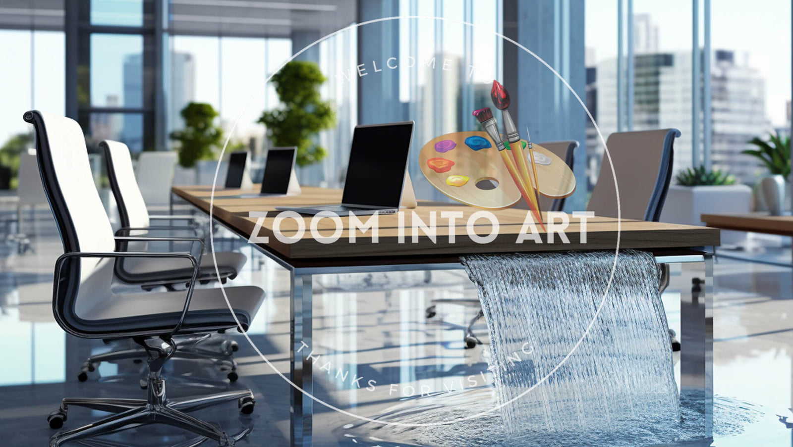 Dazzling Luxury Cinematic Office with Flowing Water