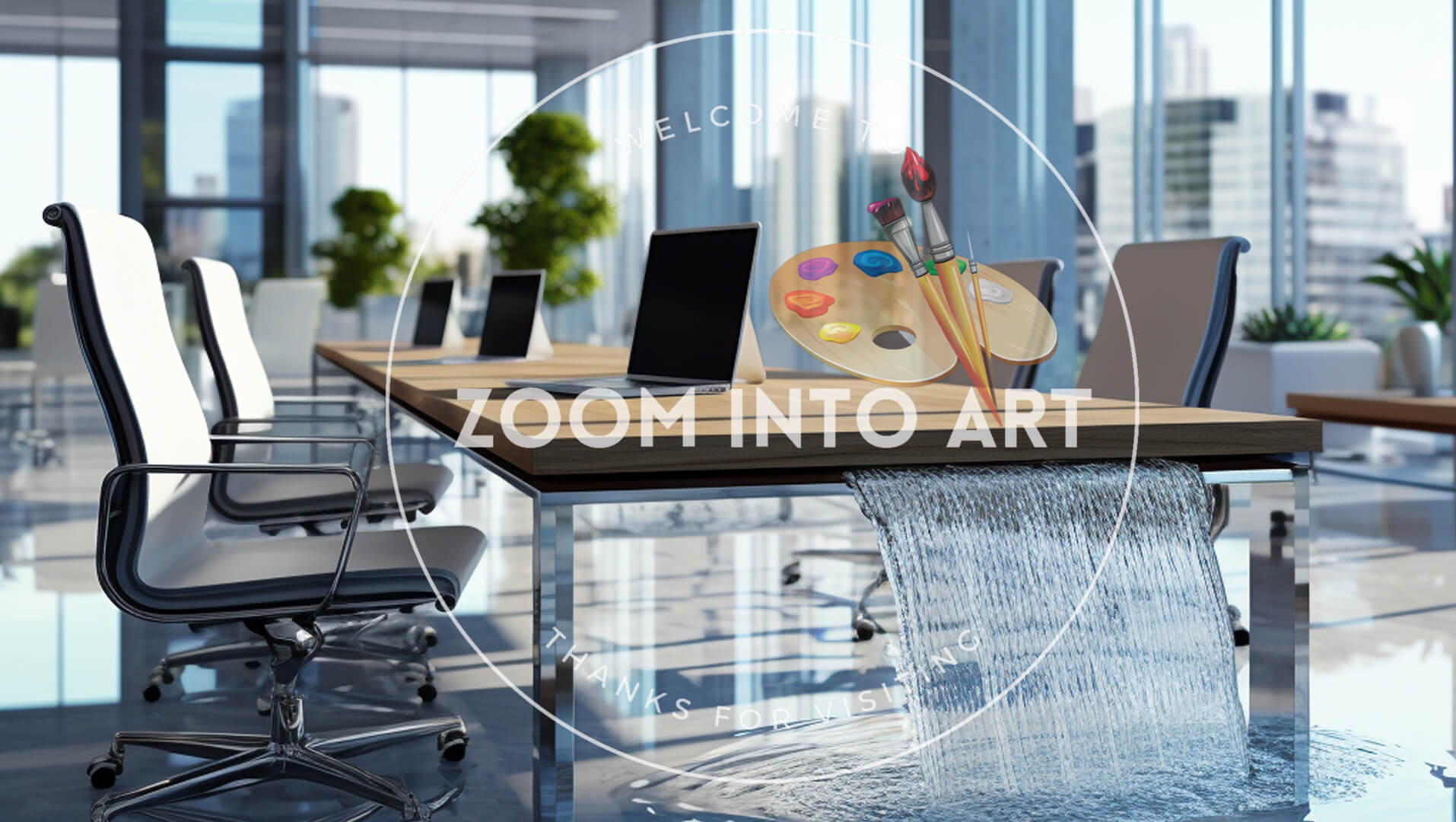 Dazzling Luxury Cinematic Office with Flowing Water