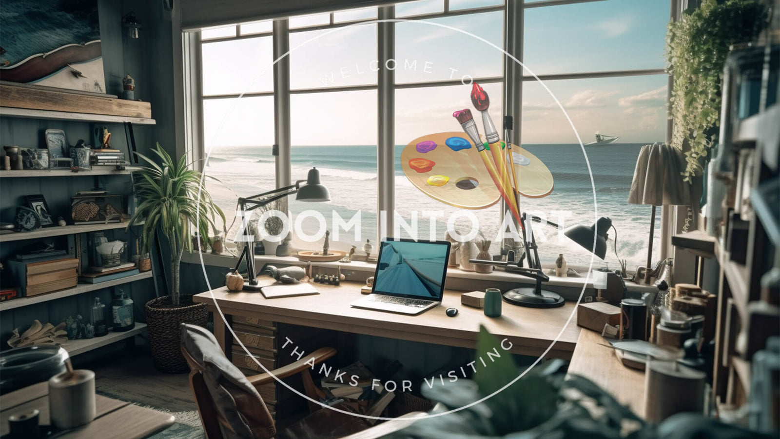 Cluttered Room with Beach Coast Line Ocean Waves and Blue Sky