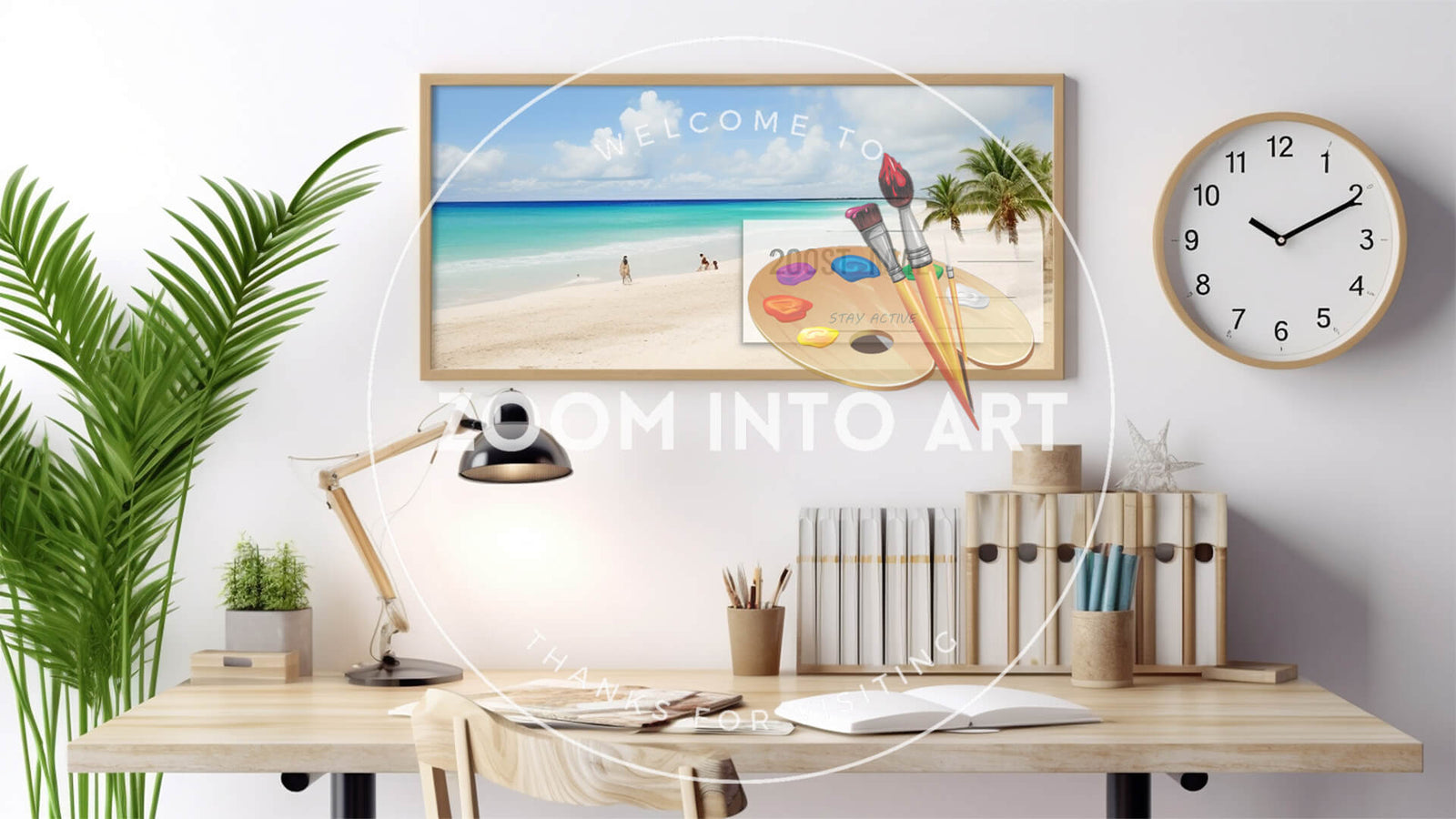 Ten Past Ten Wall Clock and Wall Art of Beach in the Office