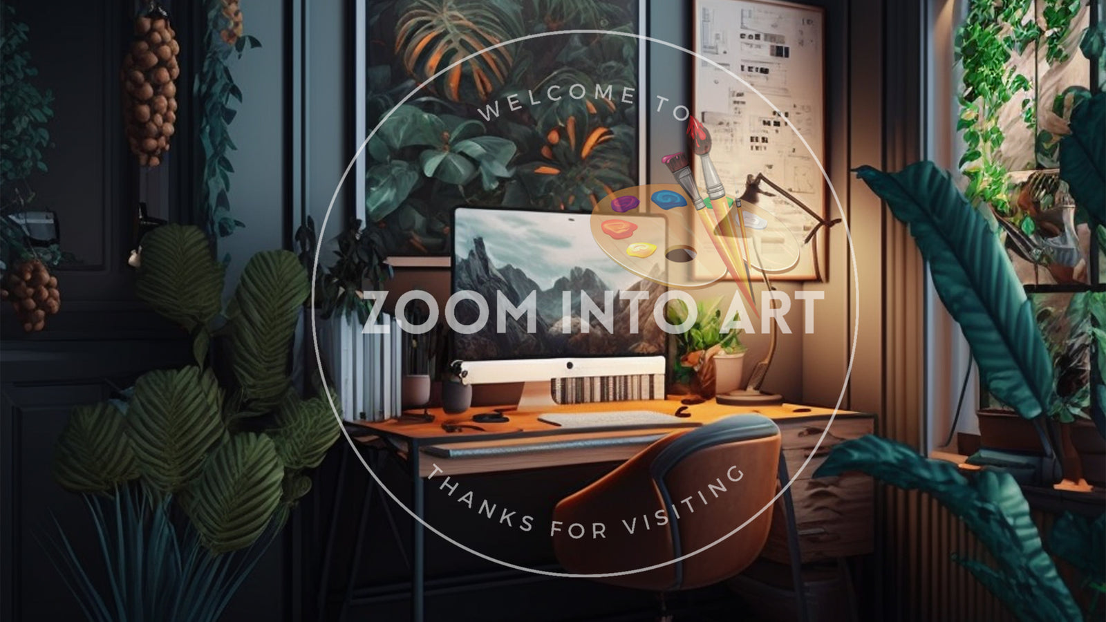 Cozy Desktop Office with Plants and Creative Picture
