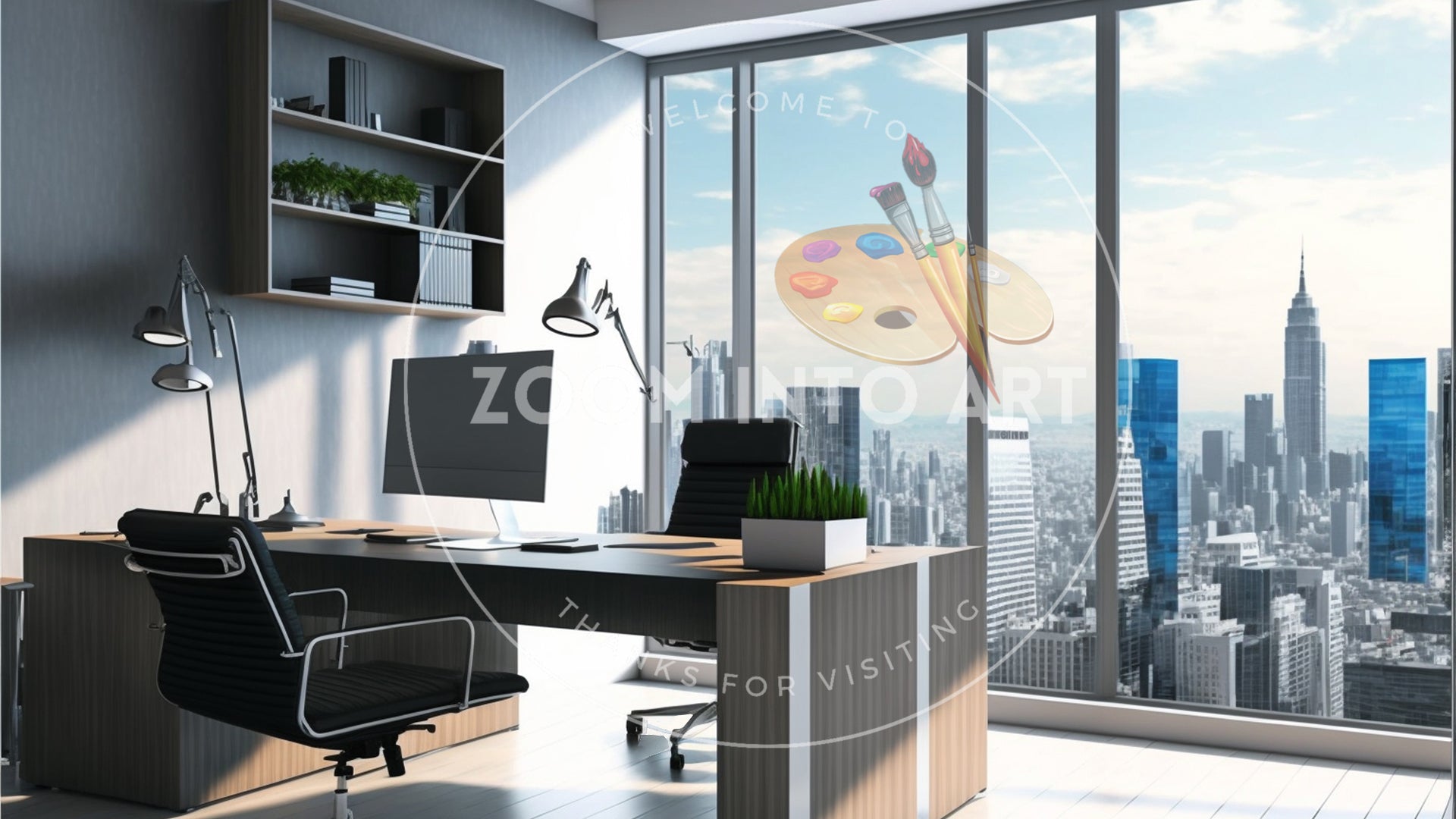 Modern Office with Sunny View of New York