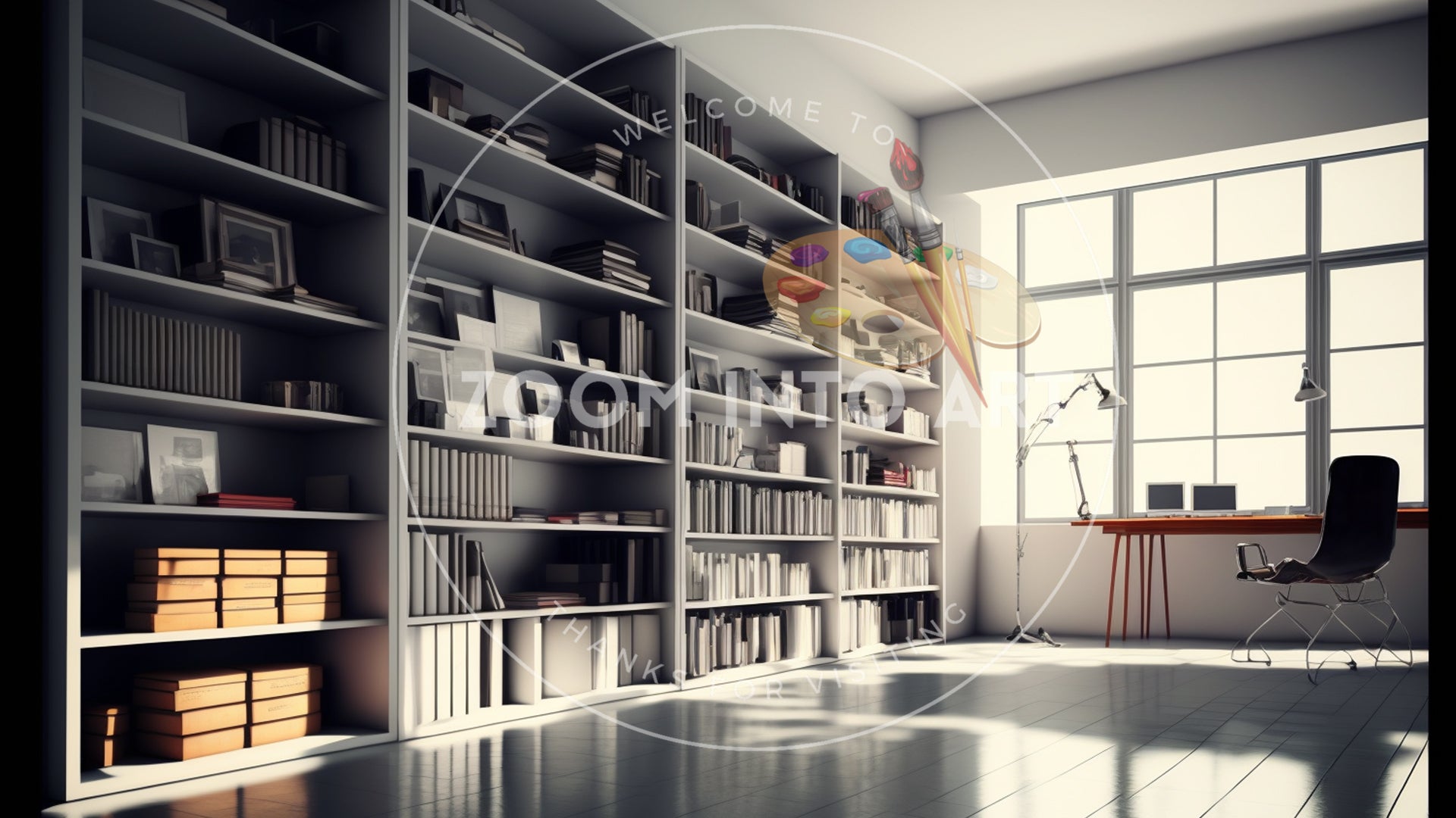 Modern Design Shelves White Walls and Windows