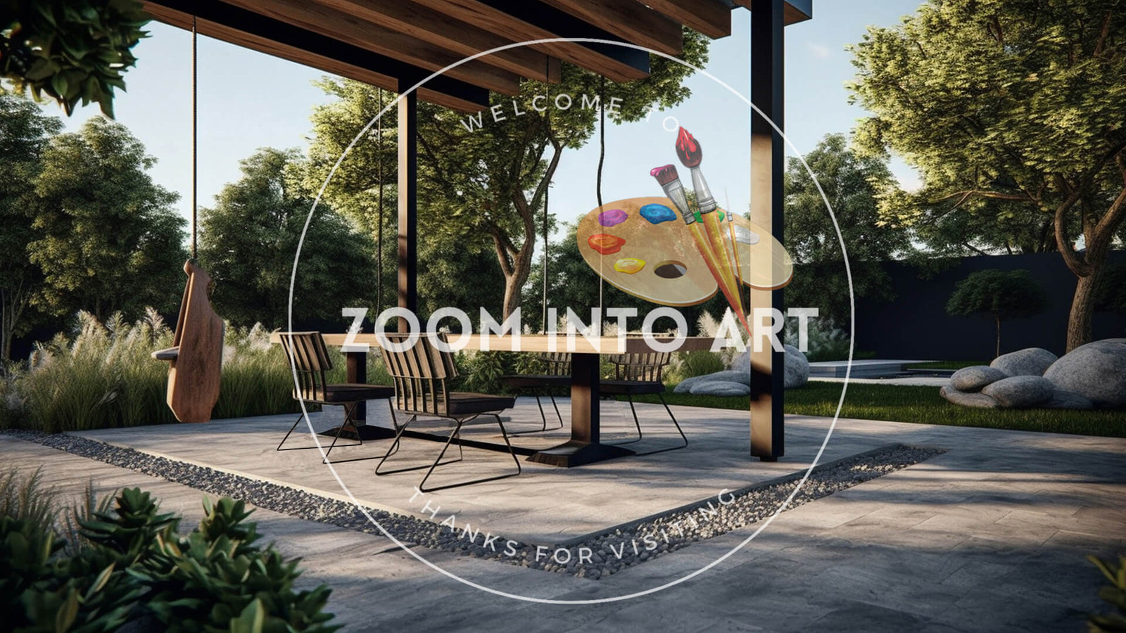 A Modern Garden with a Swing Large Wooden Table and Chairs