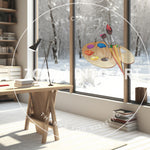 Morning Office with Snow Covered Forest