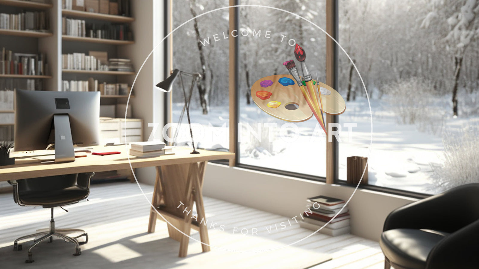 Morning Office with Snow Covered Forest