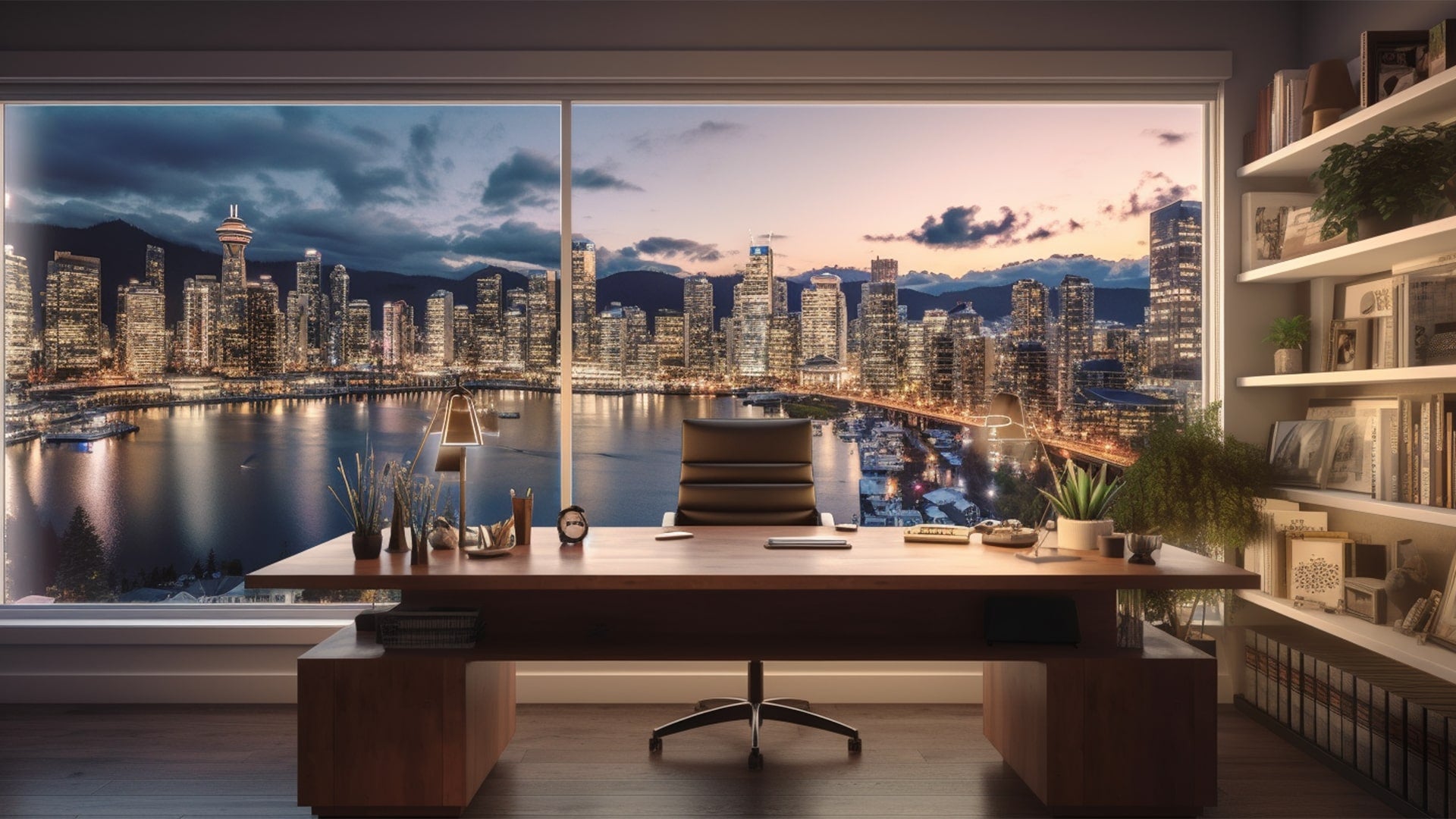 Virtual Background Office with High Rise Buildings and River Front
