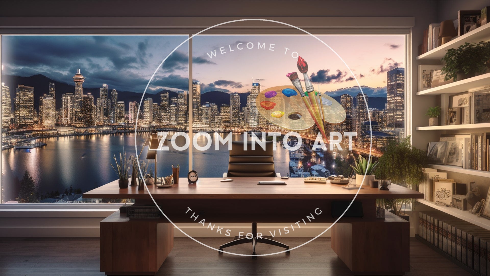 Virtual Background Office with High Rise Buildings and River Front