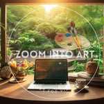 Laptop on a Folding Table by a Window Overlooking a Magnificent Garden