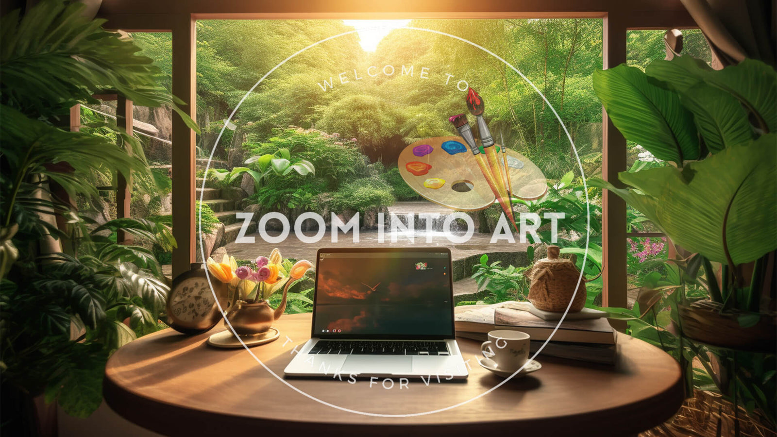 Laptop on a Folding Table by a Window Overlooking a Magnificent Garden