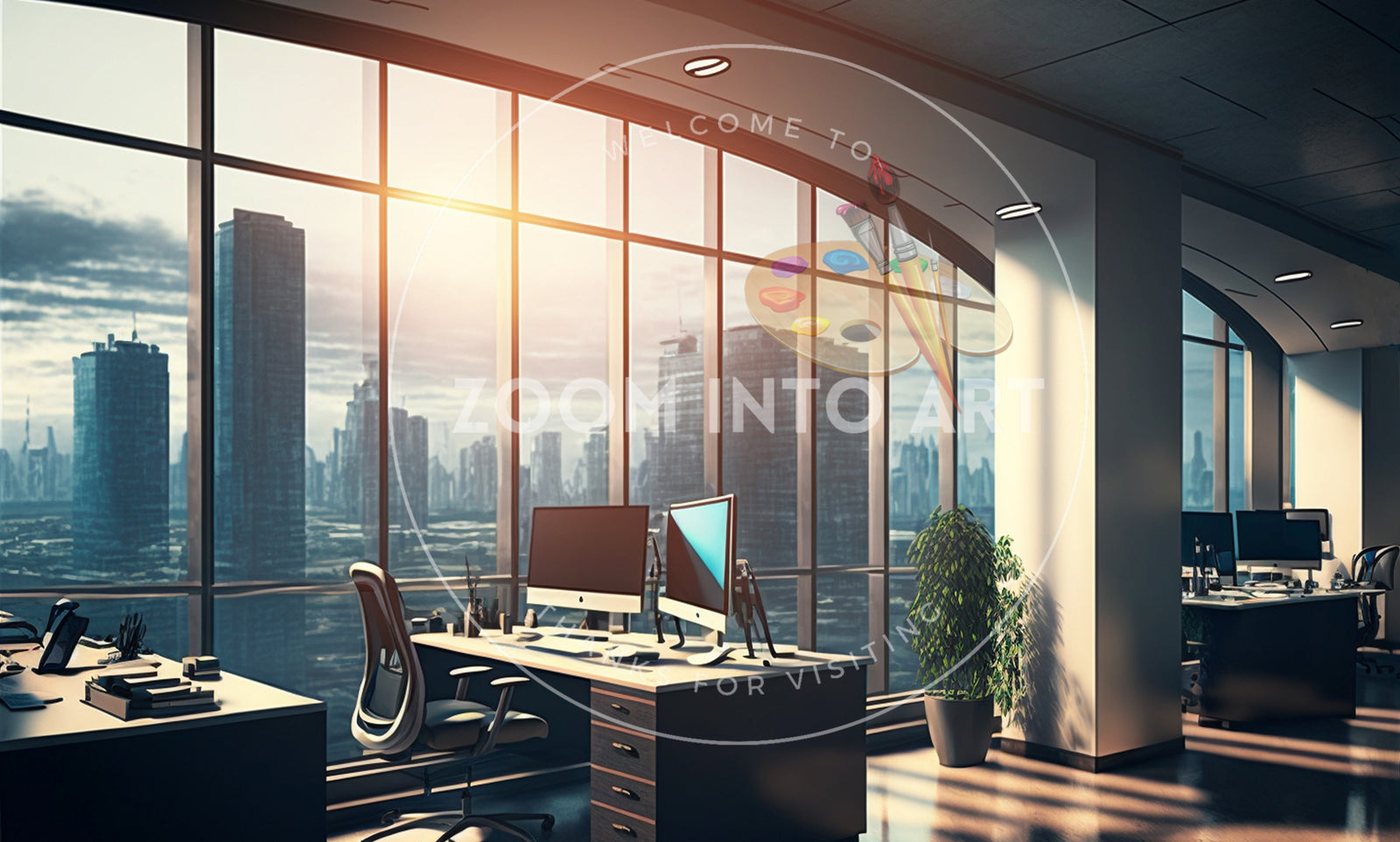 Luxury Office interior Hall with Huge Windows and Light