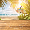 Wooden Table with Tropical Leaves and Sunny Beach