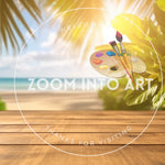 Wooden Table with Tropical Leaves and Sunny Beach