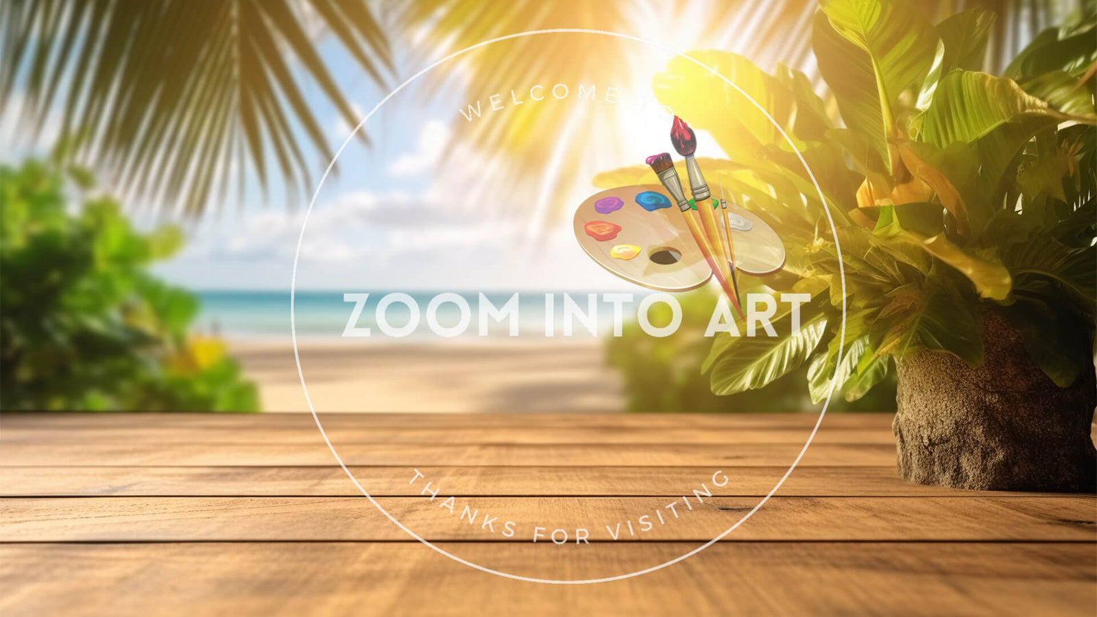 Wooden Table with Tropical Leaves and Sunny Beach