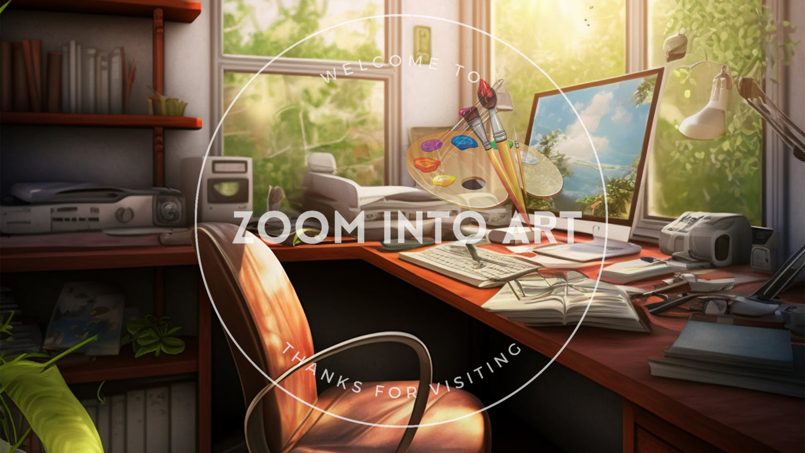 Office Background with Greenery and Bright Sun Shade