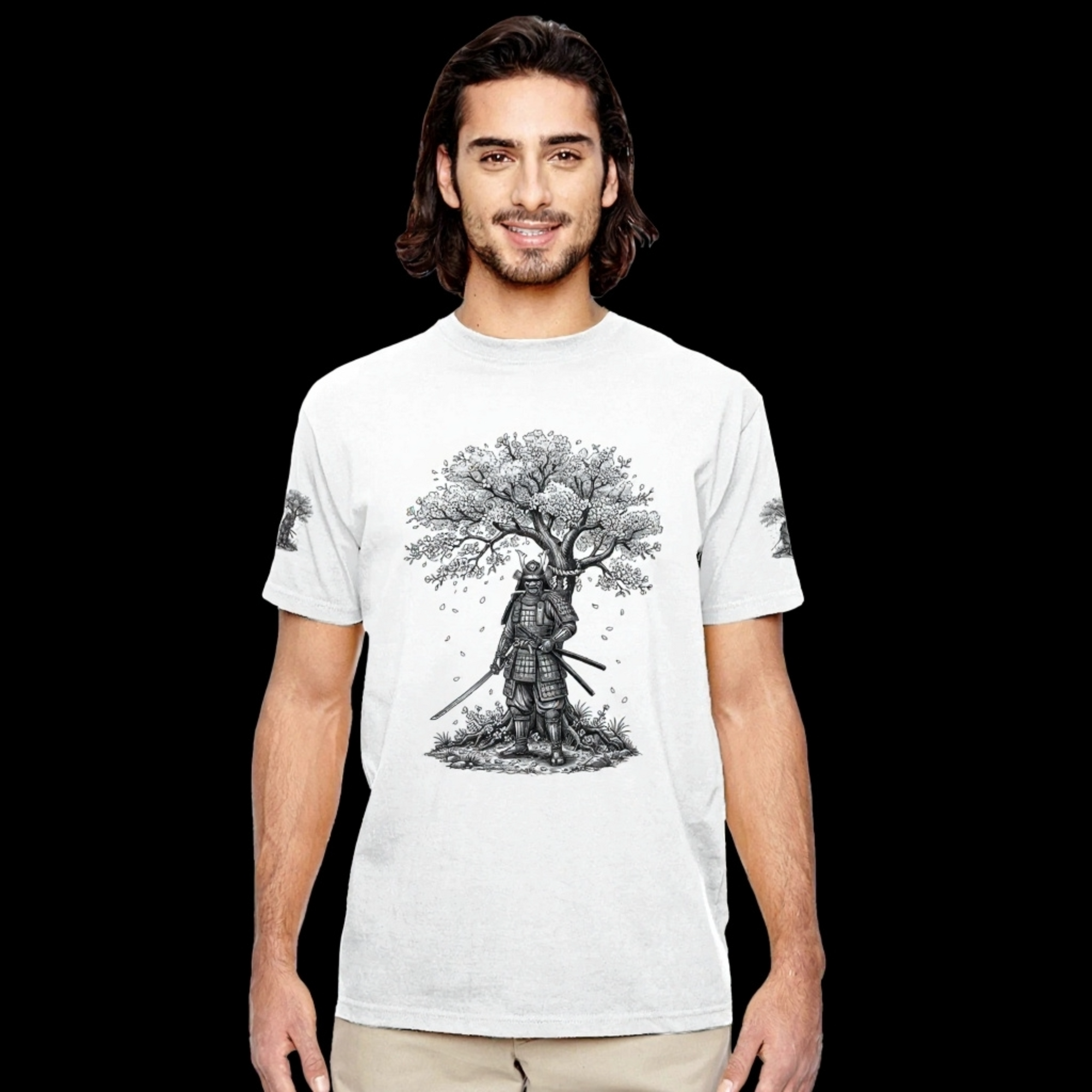 Samurai Under Blossoms Japanese Warrior Graphic T-Shirt