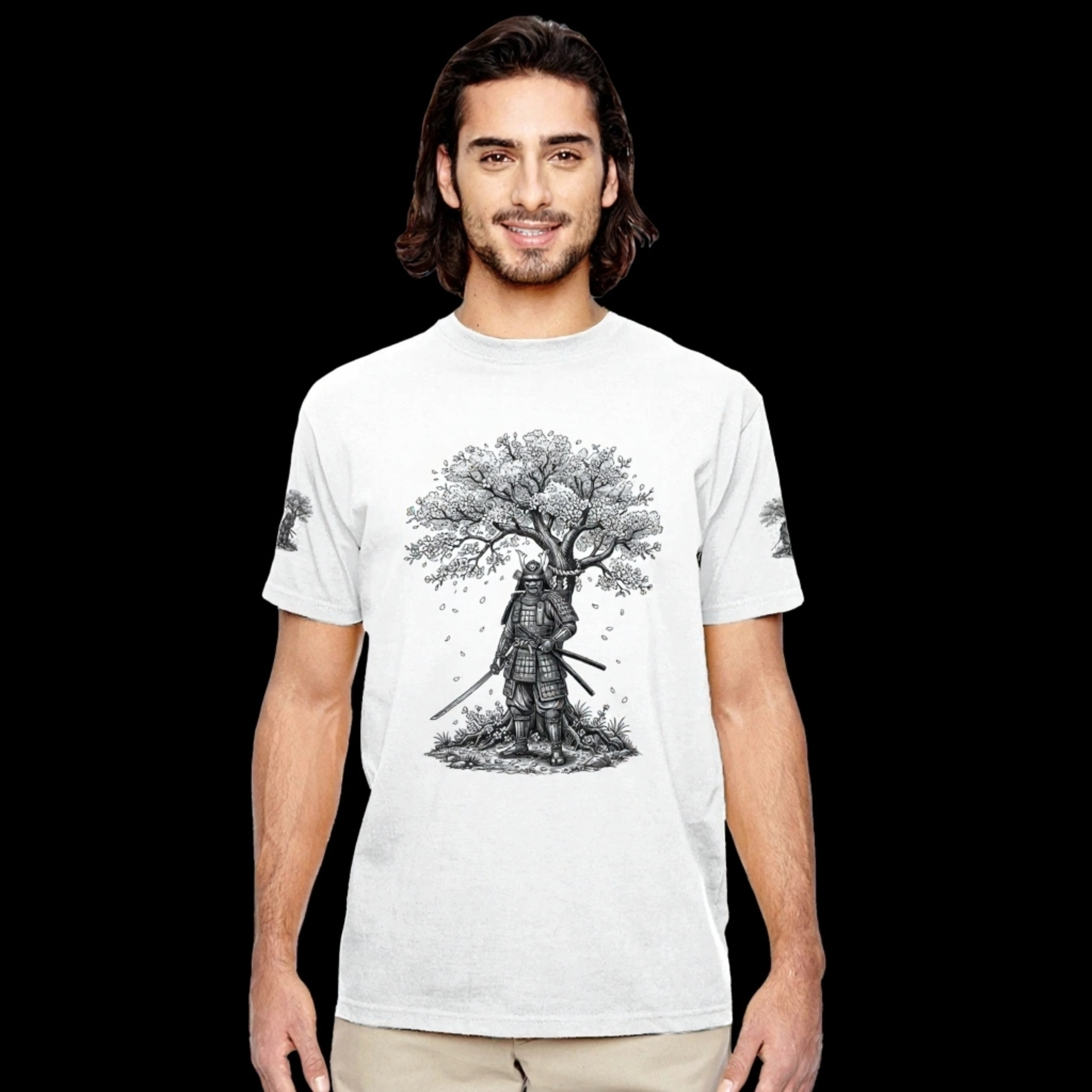 Samurai Under Blossoms Japanese Warrior Graphic T-Shirt