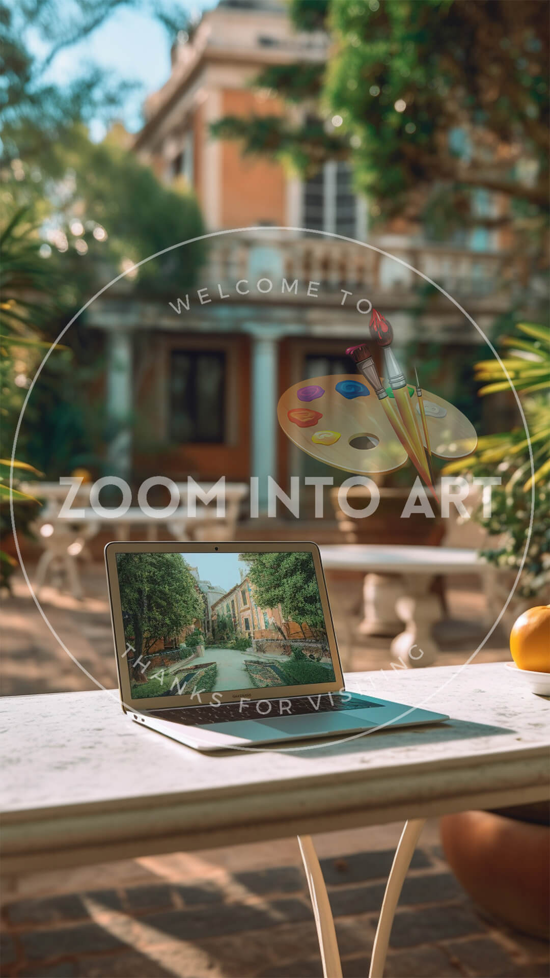 Laptop on Desk in the Garden of a Spanish Villa
